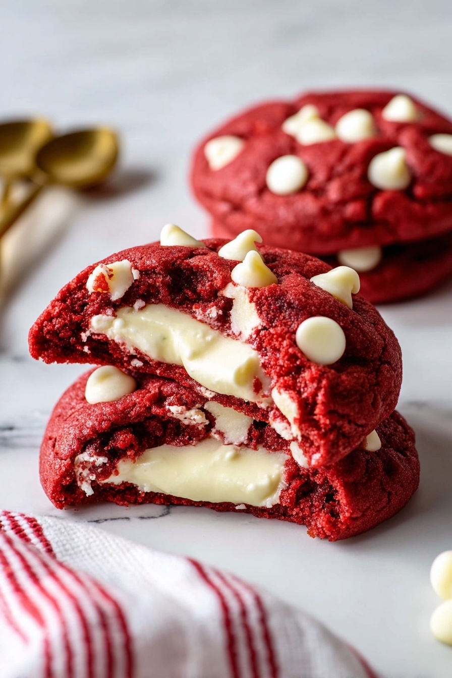 Three red velvet cookies are shown placed on a white marbled surface. Two whole cookies are in the background, each studded with small white chocolate chips on top. In the front, one cookie is split in half, revealing a thick, creamy white layer of filling inside. The red cookie dough appears soft and slightly textured, contrasting with the smooth filling. A piece of red and white striped cloth is partially visible at the bottom left corner, and a few gold measuring spoons rest blurred in the background. photo taken with an iphone --ar 2:3 --v 7 - Cheesecake Stuffed Red Velvet Cookies, red velvet cookies with cheesecake filling, decadent cheesecake filled cookies, easy red velvet dessert recipes, festive holiday cookies