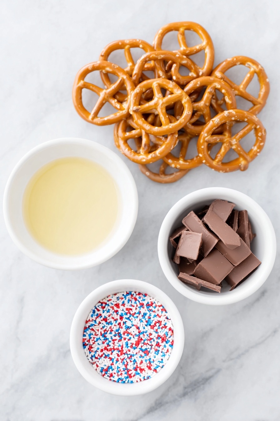 Flat lay of two small white ceramic bowls, one filled with finely chopped semi-sweet chocolate and the other with vegetable oil in liquid form, a heap of golden twisted pretzels arranged neatly beside them, and a small white bowl holding colorful round sprinkles, all fresh and natural, placed on a clean white marble surface, soft natural light, photo taken with an iPhone, professional food photography style, fresh ingredients, white ceramic bowls, no bottles, no duplicates, no utensils, no packaging --ar 2:3 --v 7 --p m7354615311229779997 - Easy Chocolate Covered Pretzels, chocolate pretzel appetizer, salty sweet snacks, homemade chocolate pretzels, quick pretzel treats
