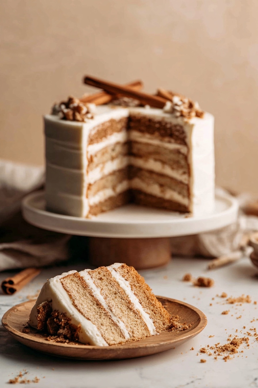 A round cake with two layers, a dark brown bottom layer and a thick creamy white top layer, decorated with a swirl pattern on the white frosting. The top edge is covered with chopped nuts and small crumbs, and three cinnamon sticks lie diagonally across the cake. Two slices are cut and slightly pulled out, showing the contrast between the two layers. The cake sits on a white marbled surface with a metal cake server underneath one slice. Photo taken with an iphone --ar 2:3 --v 7 - Spice Cake with Brown Butter Frosting, cozy spice cake recipe, moist spice cake with cream cheese frosting, easy fall spice cake, homemade holiday spice cake