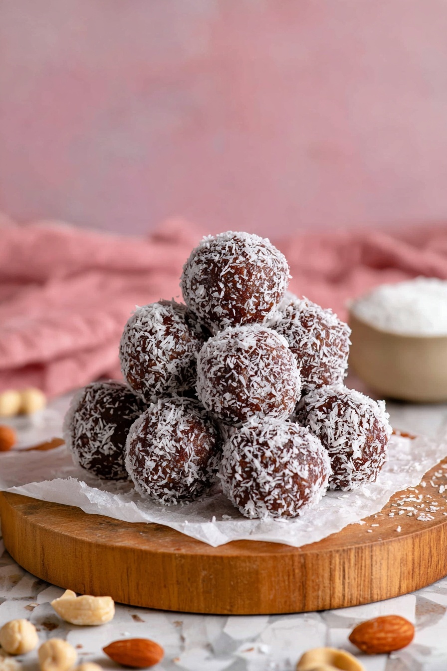 There is a small pyramid of round dark brown balls covered with white shredded coconut, placed on a piece of white paper on top of a wooden round board. The balls have a rough texture from the coconut flakes. Around the board, there are some whole peanuts scattered and a blurred bowl with a white substance in the background, all set against a pink cloth and pink wall with a white marbled surface beneath the board. photo taken with an iphone --ar 2:3 --v 7 - Chocolate Nut Date Energy Balls, healthy energy bites, no-bake snack recipes, quick nutritious snacks, homemade energy balls