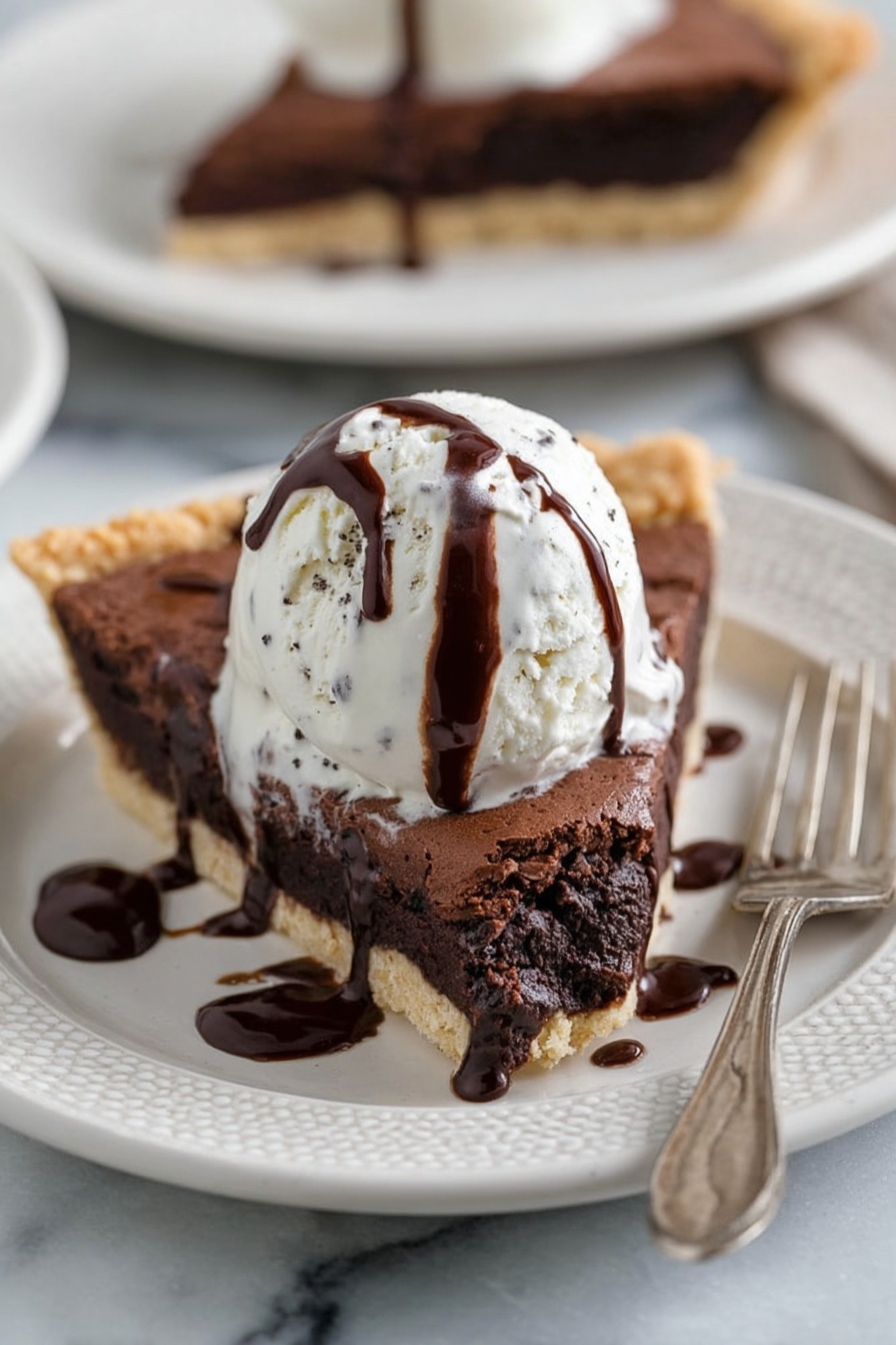 A slice of dark brown chocolate tart sits in the center of a white plate with a textured rim. The tart has a thick, slightly cracked chocolate layer on top and a light beige crumbly crust on the bottom and edges. On top of the tart is a large scoop of creamy white vanilla ice cream with visible tiny black vanilla specks. The ice cream is drizzled with smooth, dark chocolate sauce that flows down the sides. A silver fork rests on the plate next to the tart, and the plate is positioned on a white marbled surface. In the background, there is another slice of the chocolate tart, slightly out of focus, on a similar white plate. photo taken with an iphone --ar 2:3 --v 7 - Chocolate Fudge Pie, Chocolate Fudge Pie recipe, easy chocolate dessert, fudgy chocolate pie, quick chocolate pie