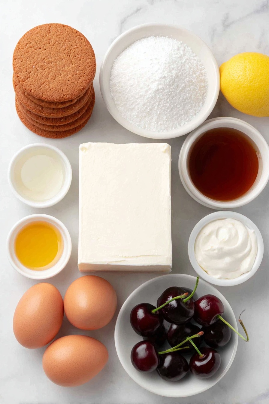Flat lay of a small stack of round biscoff cookies with a reddish-brown caramel color, a small white ceramic bowl filled with fine white granulated sugar, a small white ceramic bowl holding rich golden melted butter, a smooth block of soft cream cheese on a simple white plate, a small white bowl of thick pale sour cream, a tiny white bowl containing clear vanilla extract, a small white bowl of delicate fine sea salt, three large whole uncracked brown eggs, a small pile of fresh glossy black cherries with stems, a bright yellow whole lemon, and a small white bowl of fine pale cornstarch, placed on a clean white marble surface, soft natural light, photo taken with an iPhone, professional food photography style, fresh ingredients, white ceramic bowls, no bottles, no duplicates, no utensils, no packaging --ar 2:3 --v 7 --p m7354615311229779997 - Cheesy Cherry Biscoff Cheesecake, Biscoff cheesecake with cherry topping, no-bake cherry cheesecake, creamy Biscoff dessert, easy cherry cheesecake recipe