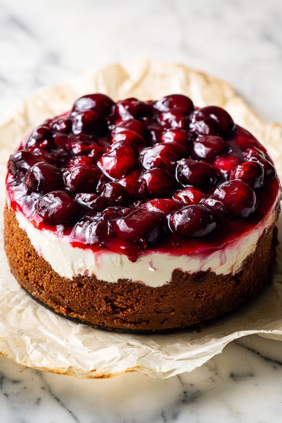 A round dessert with three visible layers is shown. The bottom layer is a dark brown crust that looks thick and crumbly, forming the base and sides. The middle layer is white and creamy, spread evenly above the crust. The top layer is a shiny, deep red cherry topping with whole cherries covered in a glossy sauce. The dessert sits on crumpled parchment paper, placed on a white marbled surface. The photo taken with an iphone --ar 2:3 --v 7 - Cheesy Cherry Biscoff Cheesecake, Biscoff cheesecake with cherry topping, no-bake cherry cheesecake, creamy Biscoff dessert, easy cherry cheesecake recipe