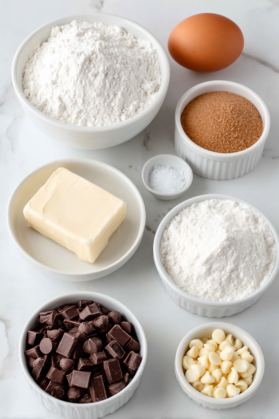 Flat lay of unsalted butter in a small white ceramic bowl, light brown sugar in a separate small white ceramic bowl, one large whole uncracked brown egg, plain white flour in a small white ceramic bowl, cornflour in a small white ceramic bowl, a pinch of sea salt in a small white ceramic bowl, bicarbonate of soda in a small white ceramic bowl, white chocolate chips scattered naturally, chopped macadamia nuts resting in a small neat pile, all arranged symmetrically with balanced spacing, placed on a clean white marble surface, soft natural light, photo taken with an iPhone, professional food photography style, fresh ingredients, white ceramic bowls, no bottles, no duplicates, no utensils, no packaging --ar 2:3 --v 7 --p m7354615311229779997 - White Chocolate Macadamia Cookies, white chocolate macadamia cookie recipe, buttery macadamia cookies, creamy white chocolate cookies, easy cookie recipes