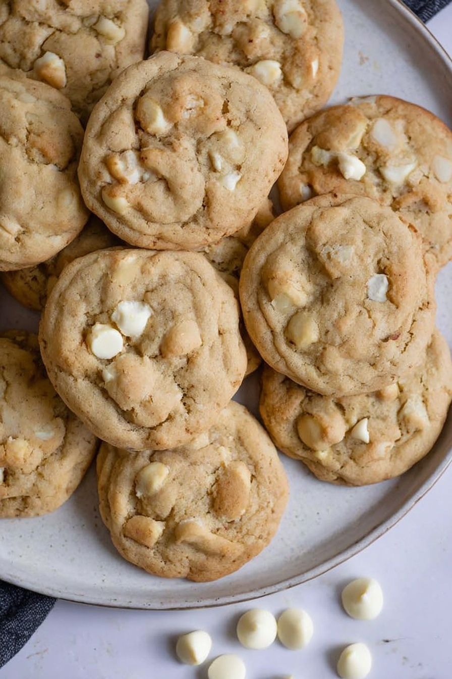 A pile of about ten light brown cookies with white chocolate chips is placed closely together on a round white plate with a subtle marbled texture. The cookies are soft and chunky, showing a mix of uneven cookie dough and white chip spots throughout each cookie. A few loose white chocolate chips are scattered around the front area of the plate on a white marbled surface. The overall look is warm and inviting with a soft texture on the cookies, making them look fresh and tasty. Photo taken with an iphone --ar 2:3 --v 7 - White Chocolate Macadamia Cookies, white chocolate macadamia cookie recipe, buttery macadamia cookies, creamy white chocolate cookies, easy cookie recipes