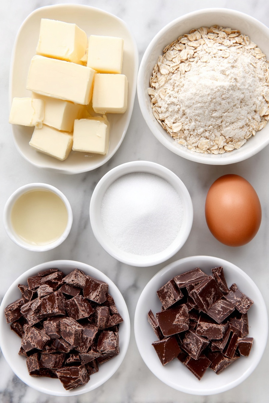 Flat lay of a small pile of unsalted butter cubes with a pale yellow color, a small heap of plain all-purpose flour, a neat mound of rolled oats, a small white ceramic bowl of baking soda powder, a smaller white bowl with kosher salt crystals, a small white bowl filled with tightly packed brown sugar, one large whole uncracked brown-shelled egg, a small white bowl containing clear vanilla extract, and a scattering of roughly chopped dark chocolate chunks—all ingredients fresh and natural, arranged in perfect symmetry on simple white ceramic dishes, placed on a clean white marble surface, soft natural light, photo taken with an iPhone, professional food photography style, fresh ingredients, white ceramic bowls, no bottles, no duplicates, no utensils, no packaging --ar 2:3 --v 7 --p m7354615311229779997 - Brown Butter Oatmeal Chocolate Chip Cookies, oatmeal chocolate chip cookies, brown butter cookie recipe, chewy chocolate chip cookies, homemade cookie recipes