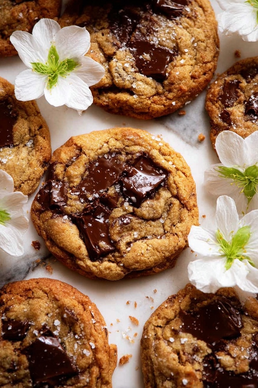 Several golden brown cookies with large, dark chocolate chunks melted into the surface are arranged closely together on a white marbled texture. The cookies have a slightly rough texture with cracks and visible sugar glistening on top. Scattered around and between the cookies are soft white flowers with green centers and petals gently resting on the cookies. The arrangement is warm and cozy with a natural, slightly imperfect look. photo taken with an iphone --ar 2:3 --v 7 - Brown Butter Oatmeal Chocolate Chip Cookies, oatmeal chocolate chip cookies, brown butter cookie recipe, chewy chocolate chip cookies, homemade cookie recipes