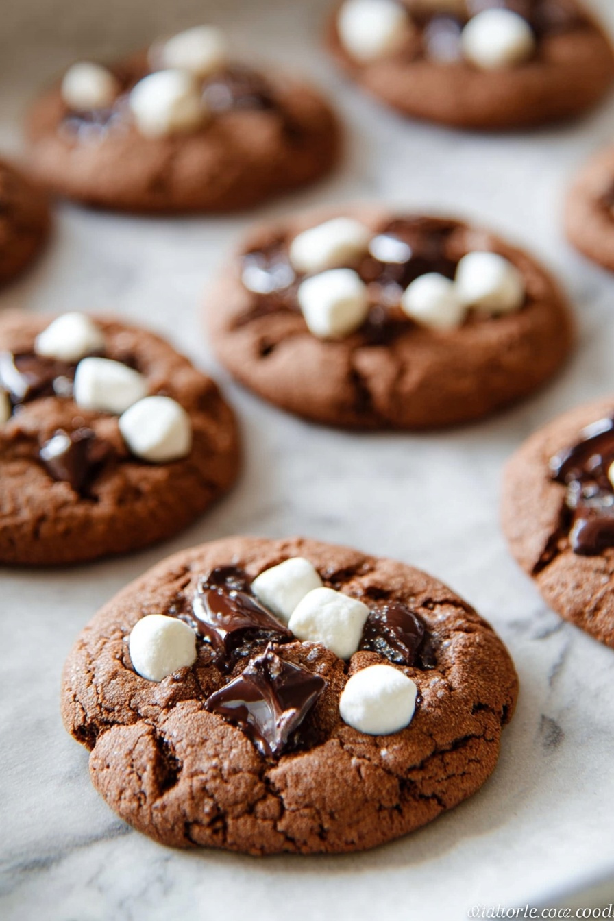 The image shows several chocolate cookies on a white marble texture covered with white parchment paper. Each cookie is round and has a rich brown color with a soft, slightly cracked texture. On top of the cookies, there are small white marshmallows scattered and dark chocolate chunks partly melted into the cookie surface. The cookies are placed in rows, with the nearest cookie in sharp focus and the others gradually blurrier in the background. The lighting is soft, highlighting the texture and gloss of the chocolate pieces. photo taken with an iphone --ar 2:3 --v 7 - Hot Chocolate Cookie Bites, Hot Chocolate Cookie Bites recipe, easy hot cocoa cookies, soft chocolate cookie bites, marshmallow studded cookies
