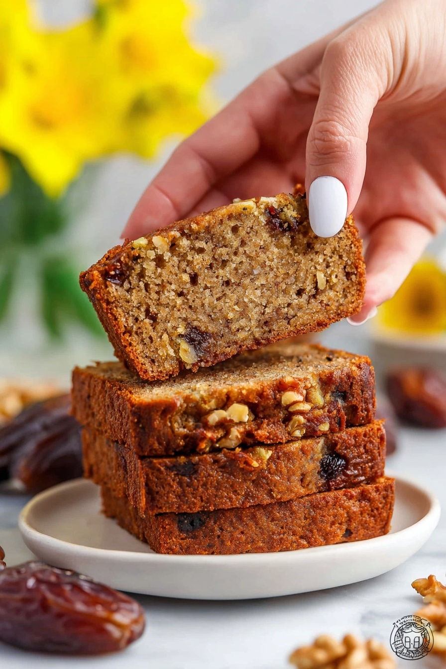 There are three thick slices of brown cake stacked on a white plate, showing a textured inside with bits of nuts and dark fruit pieces throughout. The top slice is being picked up by a woman's hand with light skin and white nail polish. The cake has a slightly crispy edge and a soft, moist middle. Around the plate, there are whole dates and walnut pieces resting on a white marbled surface. In the blurry background, there are bright yellow flowers adding a touch of color. The photo taken with an iphone --ar 2:3 --v 7 - Date Nut Bread, moist date bread with walnuts, easy homemade date nut bread, cozy loaf recipe, sweet breakfast bread with dates
