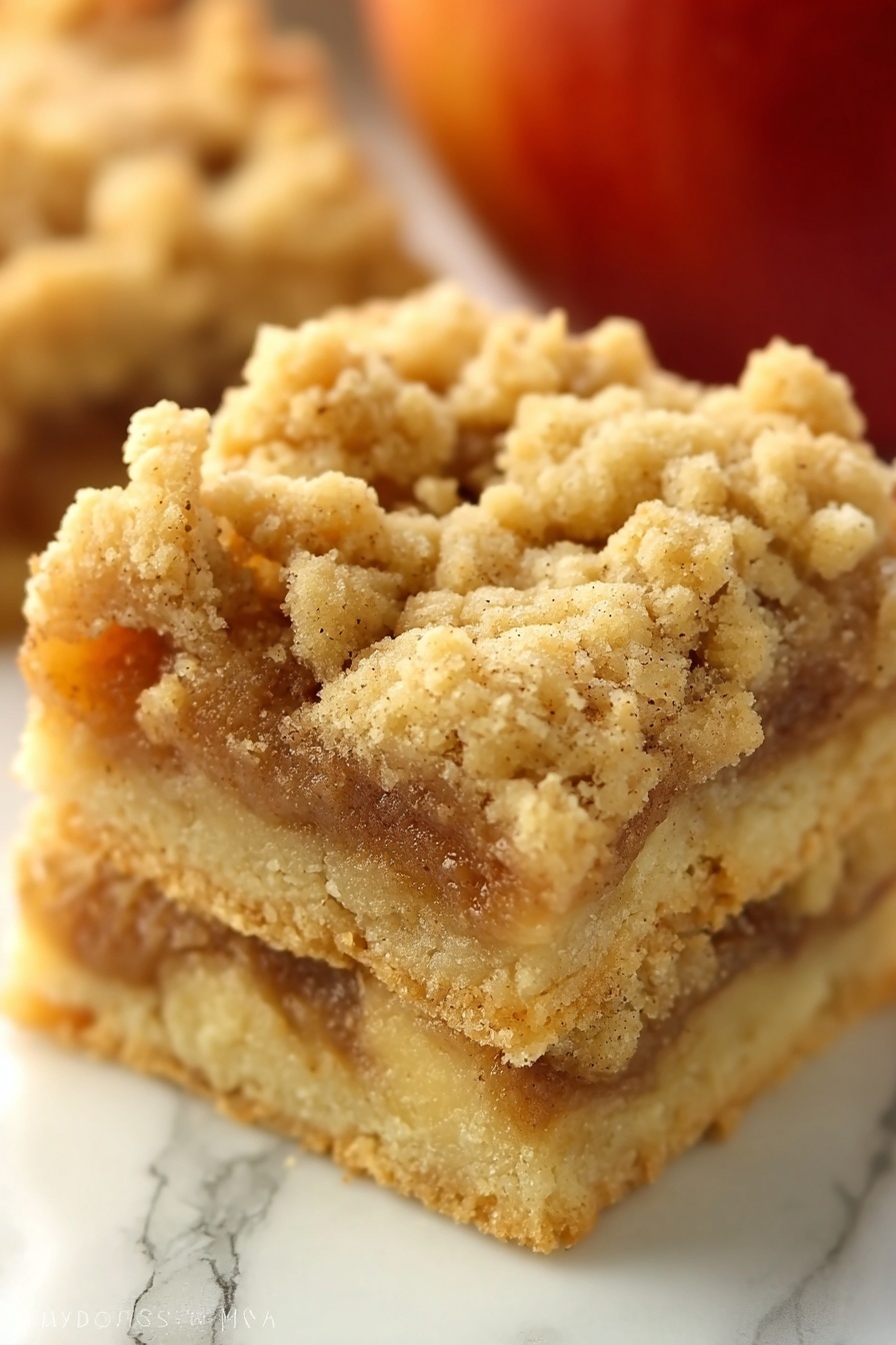 The image shows a close-up of a square apple crumble bar with three visible layers. The bottom layer is a thick, light golden shortbread crust that looks firm and slightly crumbly. The middle layer is a soft apple filling with a warm brown color and small apple pieces peeking through. The top layer is a thick crumb topping with a mix of small and bigger chunky crumbs in a pale golden tan shade. The bar is set against a white marbled surface with a red apple slightly out of focus in the background. Photo taken with an iphone --ar 2:3 --v 7 - Easy Apple Pie Bars with Crumb Topping, apple pie bars, apple crumb bars recipe, fall dessert recipes, easy apple dessert