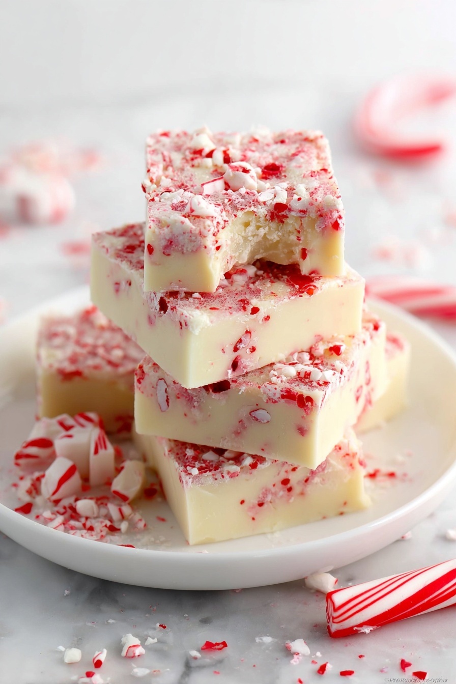 The image shows a stack of five square fudge pieces on a white plate, each piece having two visible layers: a creamy off-white bottom layer with a smooth texture and a top layer covered in crushed red and white candy pieces giving a speckled, rough appearance. One piece on top has a bite taken out, revealing a soft and dense interior. The plate sits on a surface with a white marbled texture, surrounded by scattered crushed candy bits and a whole red and white striped peppermint candy nearby. Photo taken with an iphone --ar 2:3 --v 7 - Candy Cane Fudge with White Chocolate, holiday peppermint fudge, easy Christmas fudge recipe, festive candy cane dessert, creamy peppermint fudge