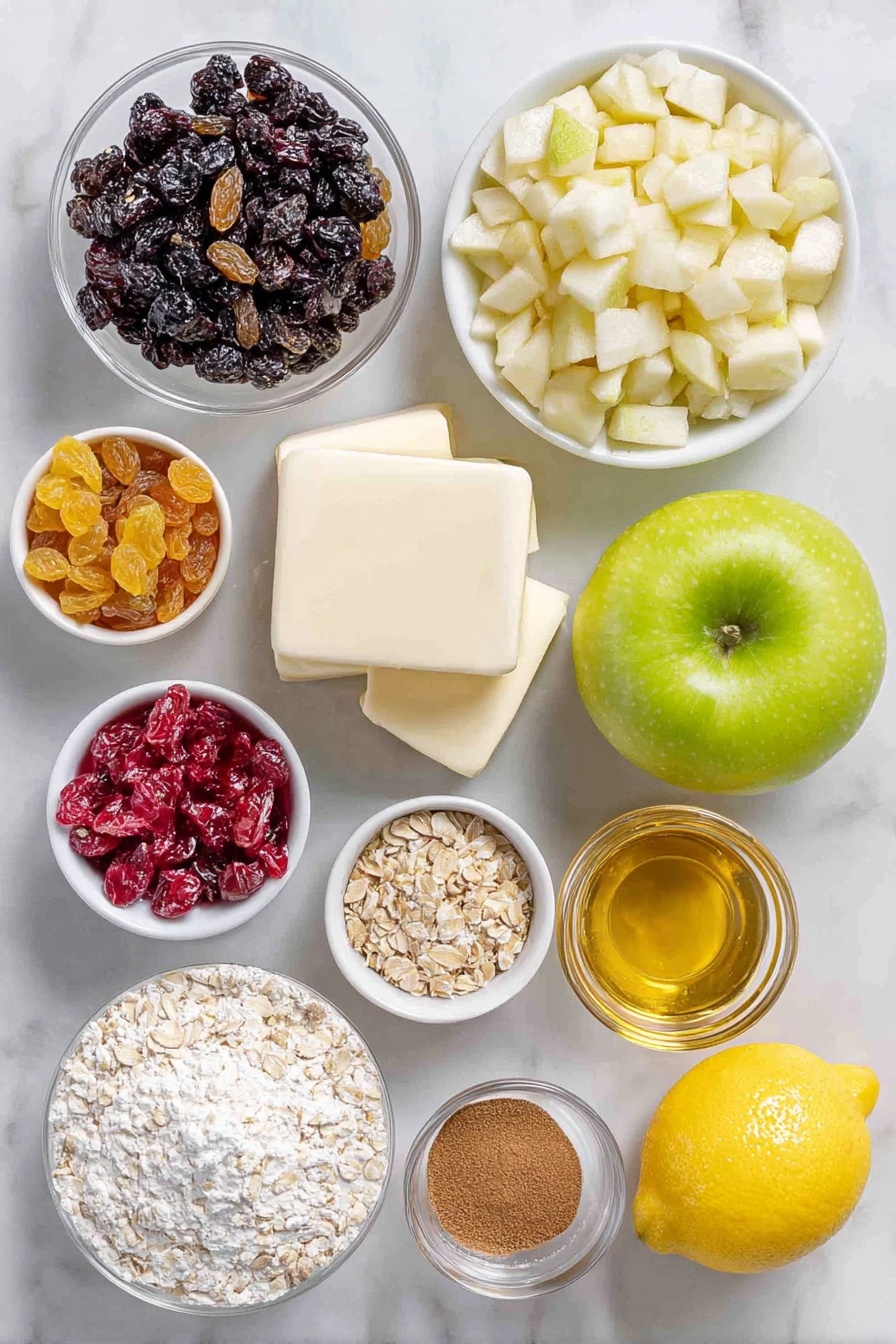 Flat lay of a small pile of golden raisins, a small pile of dark currants, a small pile of pale sultanas, a small pile of dried red cranberries, a small pile of mixed candied peel in orange and lemon hues, a small white ceramic bowl filled with finely chopped cooking apple pieces, a few cubes of cold unsalted butter with a pale creamy color, a small white ceramic bowl of light brown soft sugar, a small white ceramic bowl with ground cinnamon powder, a small white ceramic bowl with mixed spice powder, a bright yellow lemon with one piece of lemon zest beside it, a small white ceramic bowl filled with golden brandy liquid, a small white ceramic bowl filled with rolled oats, a heap of plain white flour dusted lightly on the surface, a small white ceramic bowl with cold cubed unsalted butter, a small white ceramic bowl of light brown soft sugar, a small white ceramic bowl with baking powder powder, all arranged with perfect symmetry and balanced proportions, placed on a clean white marble surface, soft natural light, photo taken with an iPhone, professional food photography style, fresh ingredients, white ceramic bowls, no bottles, no duplicates, no utensils, no packaging --ar 2:3 --v 7 --p m7354615311229779997 - Mince Pie Crumble Bars, festive mince pie dessert, holiday crumble bars, homemade mince pie filling, easy Christmas sweet treats