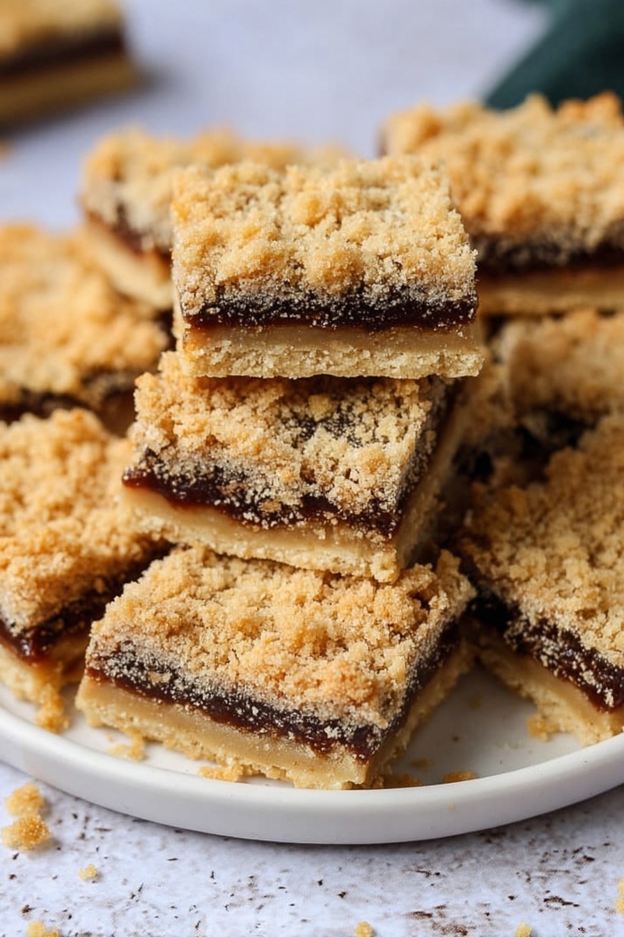 The image shows a stack of square crumb bars on a white marbled surface, arranged on a white plate. Each bar has three layers, starting with a light golden base that looks firm and crumbly, a middle layer of dark brown filling with a soft texture, and a top layer of a coarse, golden crumb mix that looks crunchy. The bars are closely stacked, with crumbs scattered around, adding to the natural and homemade feel. Photo taken with an iphone --ar 2:3 --v 7 - Mince Pie Crumble Bars, festive mince pie dessert, holiday crumble bars, homemade mince pie filling, easy Christmas sweet treats