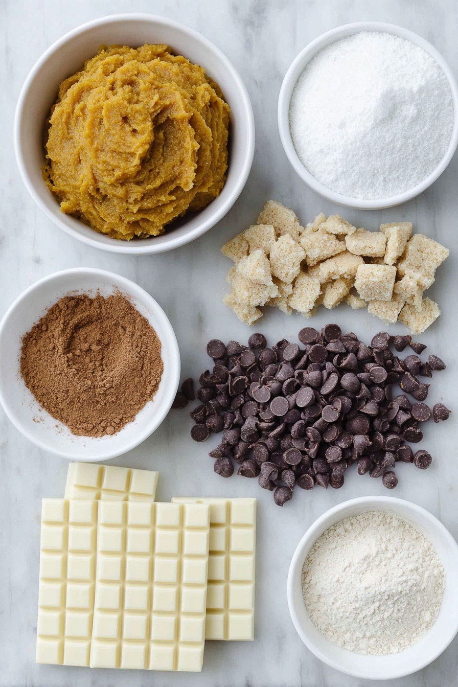 Flat lay of a smooth mound of bright orange pure pumpkin puree in a simple white ceramic bowl, a small white bowl filled with fine white powdered sugar, a neat pile of golden graham cracker crumbs arranged beside a small mound of granulated sugar mixed with ground cinnamon in another white bowl, a small heap of mini shiny dark chocolate chips, a portion of white chocolate bars broken into chunks, and a tiny white bowl containing warm brown pumpkin pie spice powder, all placed on a clean white marble surface, soft natural light, photo taken with an iPhone, professional food photography style, fresh ingredients, white ceramic bowls, no bottles, no duplicates, no utensils, no packaging --ar 2:3 --v 7 --p m7354615311229779997 - Spiced Pumpkin Truffles, Pumpkin Truffles, Pumpkin Dessert Recipes, Fall Treats, No-Bake Pumpkin Candy