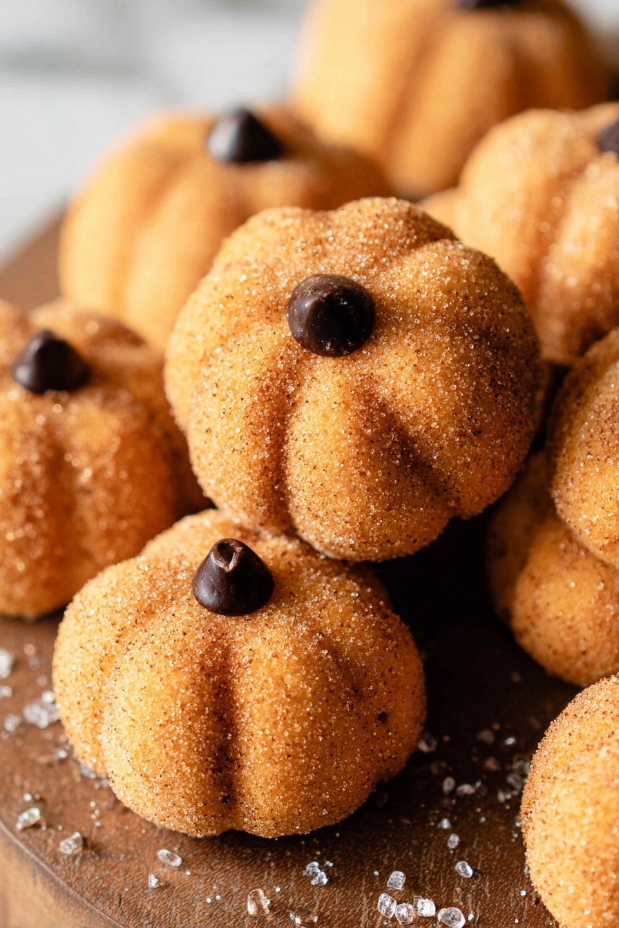 The image shows several small pumpkin-shaped cookies in a close-up view, each cookie is round and has distinct carved lines running from the top to the bottom, mimicking a pumpkin’s sections. They have a light brown color with a slightly grainy texture because of the sugar coating, which gives them a sparkly look. On the top center of each cookie, there is one small, dark chocolate chip that looks like a pumpkin stem. The cookies are placed close together on a wooden surface with some scattered sugar crystals around them, all against a white marbled texture background. photo taken with an iphone --ar 2:3 --v 7 - Spiced Pumpkin Truffles, Pumpkin Truffles, Pumpkin Dessert Recipes, Fall Treats, No-Bake Pumpkin Candy