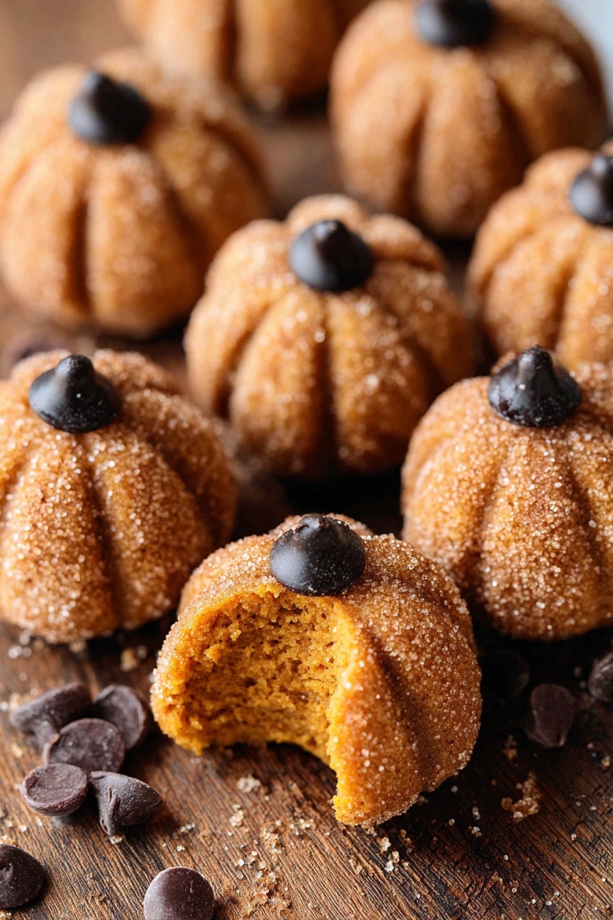 The image shows small pumpkin-shaped treats with a light brown color and sugar coating on the outside. Each treat has vertical lines carved to look like pumpkin ribs and a single dark chocolate chip placed on top as a stem. One treat is broken open, showing a soft, moist, and slightly crumbly orange interior. The treats are scattered on a brown wooden surface with a few extra chocolate chips around them. The white marbled texture can be faintly seen in the background. photo taken with an iphone --ar 2:3 --v 7 - Spiced Pumpkin Truffles, Pumpkin Truffles, Pumpkin Dessert Recipes, Fall Treats, No-Bake Pumpkin Candy