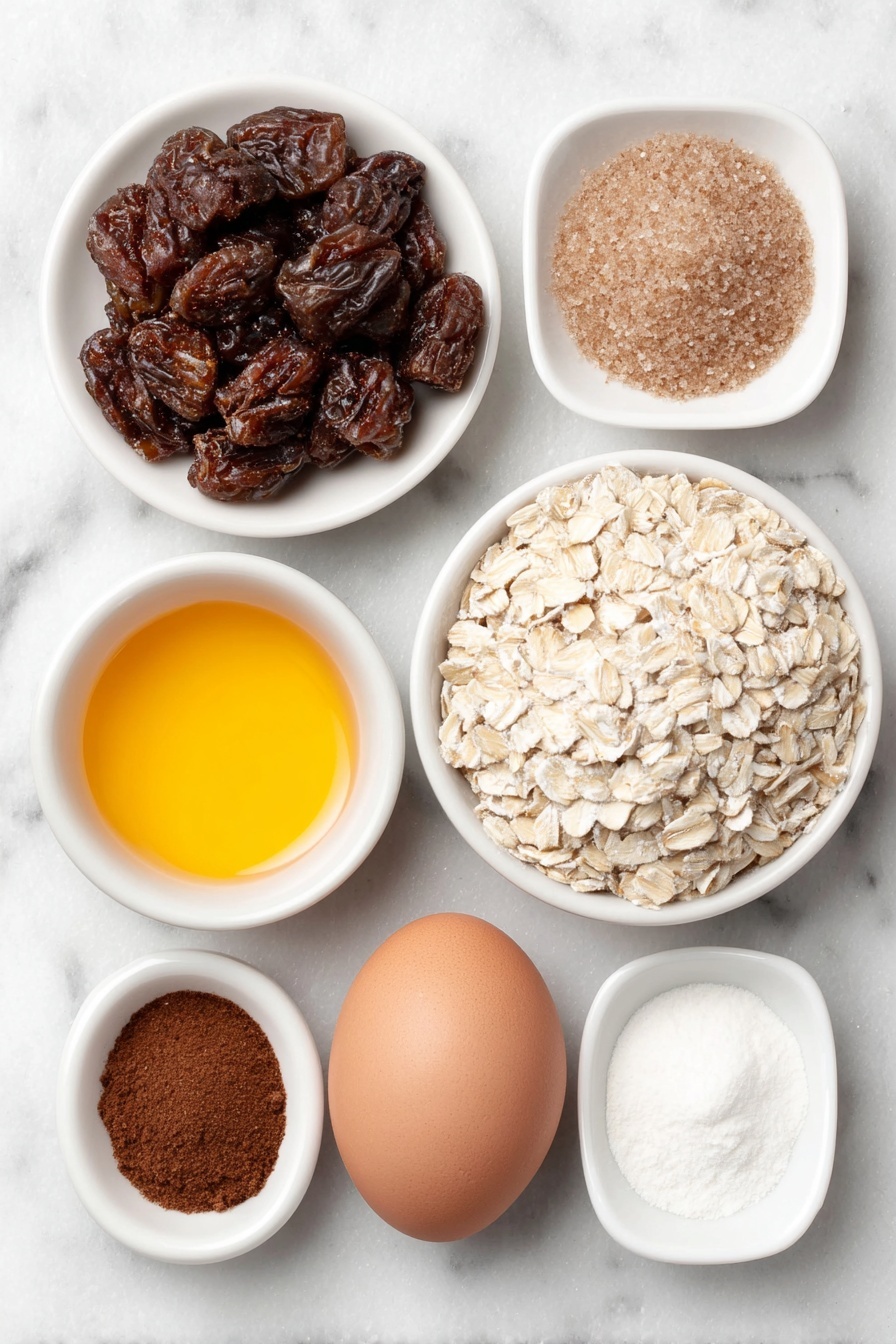 Flat lay of a small pile of chopped dried figs with visible seeds, a small white ceramic bowl of clear water, a small white ceramic bowl filled with bright orange juice, a small white ceramic bowl of thick golden maple syrup, a small heap of light brown packed brown sugar, one large whole uncracked egg with a clean shell, a neat mound of old-fashioned whole rolled oats, a small pile of whole wheat flour, a small white ceramic bowl containing melted coconut oil with a glossy surface, a small heap of light beige baking powder, a tiny pile of ground cinnamon with warm brown color, a small pinch of ground nutmeg in a rich brown shade, and a small pinch of salt, all arranged in perfect symmetry on a clean white marble surface, soft natural light, photo taken with an iPhone, professional food photography style, fresh ingredients, white ceramic bowls, no bottles, no duplicates, no utensils, no packaging --ar 2:3 --v 7 --p m7354615311229779997 - Homemade Oatmeal Fig Bars, Fig Bar recipe, healthy oatmeal bars, natural fruit snack recipes, easy fig bar ideas