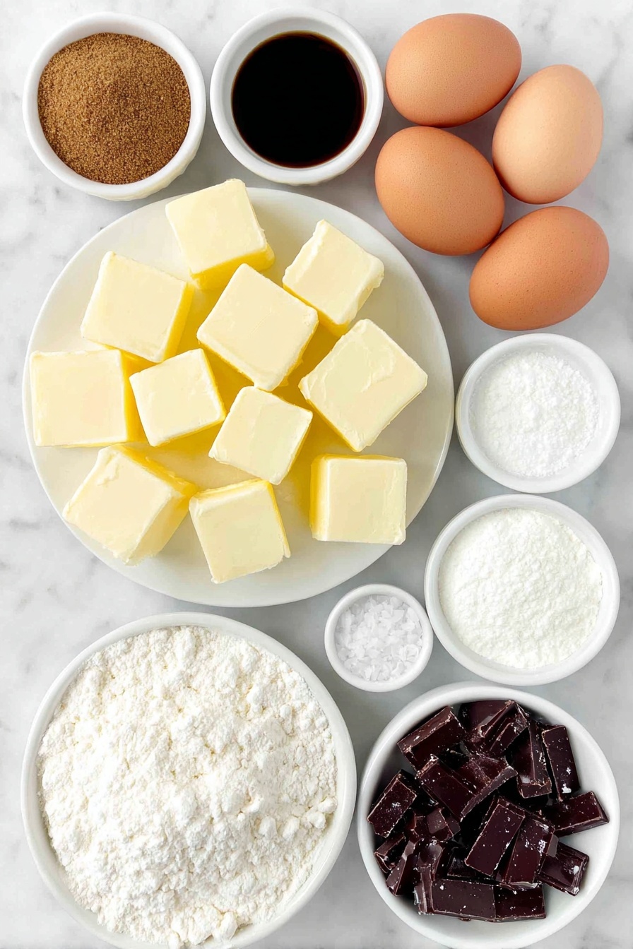 Flat lay of unsalted butter cut into small cubes on a simple white ceramic plate, a small white bowl filled with light and dark brown sugar blend, a small white bowl with white granulated sugar, two whole brown eggs with clean shells, a small white bowl holding golden vanilla extract, a neat pile of all-purpose flour on a white ceramic plate, a small white bowl with fine white cornstarch, a small white bowl containing baking powder, a small white bowl with baking soda, a small white bowl with fine sea salt, a small white bowl filled with shiny milk chocolate toffee pieces, and a few coarse sea salt crystals sprinkled artistically on a white ceramic dish, all arranged in perfect symmetry and balanced proportions, placed on a clean white marble surface, soft natural light, photo taken with an iPhone, professional food photography style, fresh ingredients, white ceramic bowls, no bottles, no duplicates, no utensils, no packaging --ar 2:3 --v 7 --p m7354615311229779997 - Brown Butter Toffee Cookies, toffee cookies with browned butter, chewy toffee cookie recipe, homemade caramelized butter cookies, easy toffee cookie treats