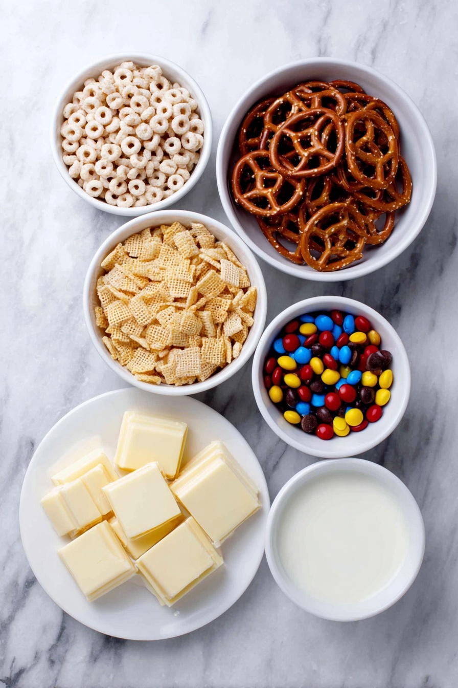 Flat lay of Cheerios in a small white ceramic bowl, Rice Chex in a small white ceramic bowl, Wheat Chex in a small white ceramic bowl, Corn Chex in a small white ceramic bowl, a handful of pretzel sticks neatly arranged next to the bowls, a small white ceramic bowl filled with colorful m&m’s, chunks of fresh white chocolate placed on a simple white ceramic plate, all ingredients placed with perfect symmetry, natural and fresh appearance, placed on a clean white marble surface, soft natural light, photo taken with an iPhone, professional food photography style, fresh ingredients, white ceramic bowls, no bottles, no duplicates, no utensils, no packaging --ar 2:3 --v 7 --p m7354615311229779997 - Chex Christmas Mix, Christmas snack, holiday snack mix, festive snack recipes, easy holiday treats