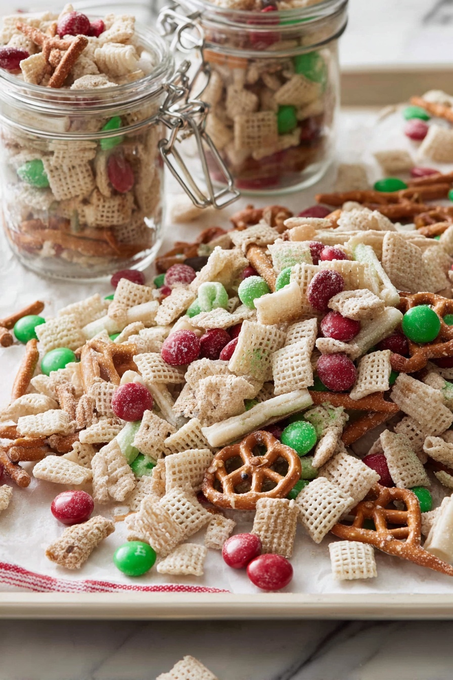 The image shows a large pile of a snack mix spread on a white tray with a white marbled surface underneath. The mix includes light beige cereal pieces in square and round shapes, thin pale brown pretzel sticks coated in white, and red and green candy-coated chocolate pieces scattered throughout. Some of the snack mix is stored inside two clear glass jars with metal clasps in the front left of the image, while the rest is loosely spread out on the tray. The whole scene is brightly lit with soft shadows. Photo taken with an iphone --ar 2:3 --v 7 - Chex Christmas Mix, Christmas snack, holiday snack mix, festive snack recipes, easy holiday treats
