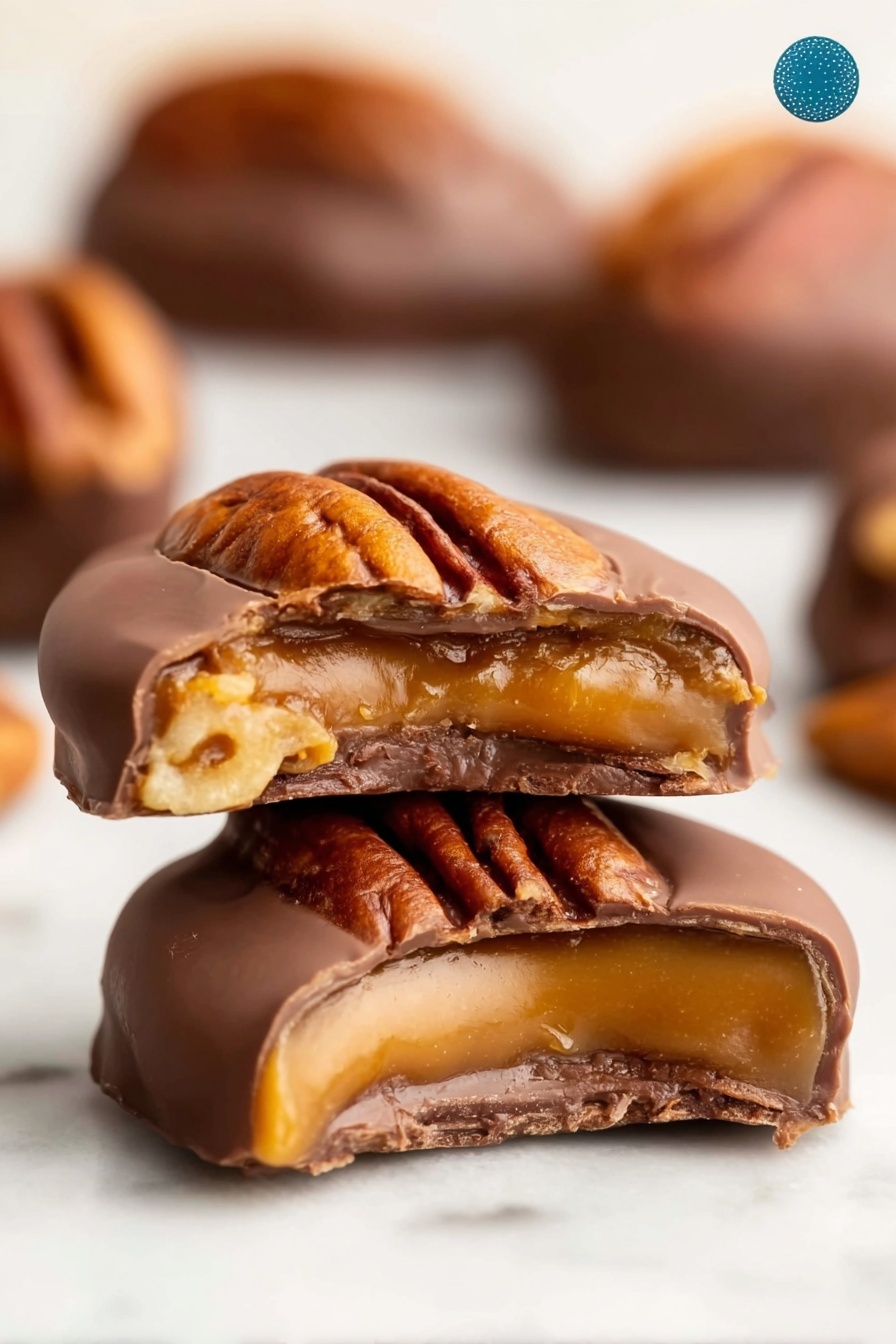 The image shows a close-up of two small chocolate-covered pecan clusters on a white marbled surface. Each cluster has three visible layers: the bottom layer is a light golden caramel, the middle layer is a rich, smooth milk chocolate with a creamy texture, and the top layer is a whole shiny pecan with a deep brown and wrinkled surface. One cluster is in the foreground, partially bitten to reveal the caramel and chocolate layers inside. The background is softly blurred with more similar clusters lightly out of focus. Photo taken with an iphone --ar 2:3 --v 7 - Easy Pretzel Rolo Turtles, Pretzel Rolo Turtles, Simple Pretzel Turtles, No-Bake Pretzel Treats, Holiday Snack Ideas