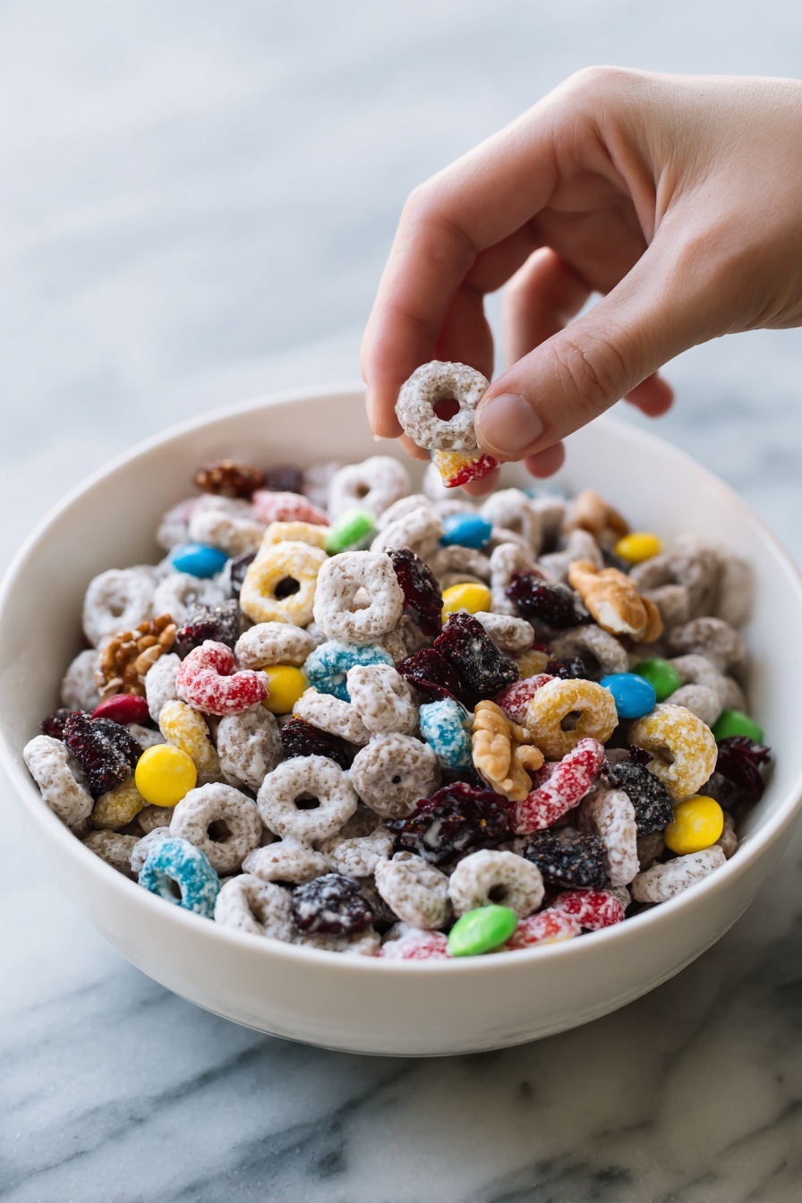 A white bowl filled with a mix of crunchy cereal loops covered in a light white coating, colorful candy pieces in red, blue, yellow, and green scattered throughout, chunky nuts, and dried dark berries spread evenly on top. A woman's hand is picking up a large portion of the mix from the bowl. The background is a white marbled surface. photo taken with an iphone --ar 2:3 --v 7 - White Chocolate Party Mix, white chocolate snack mix, sweet salty party mix, easy holiday treat, crunchy white chocolate snack
