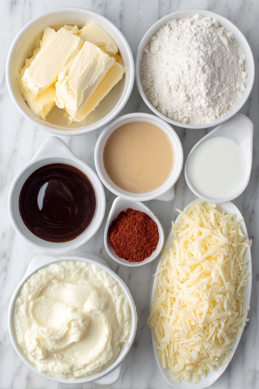 Flat lay of two tablespoons of fresh golden butter, a small white bowl of fine white flour, a small white bowl filled with amber-colored beer, a small white bowl of whole milk, a small white bowl of smooth pale yellow Dijon mustard, a small white bowl containing dark brown Worcestershire sauce, a small white bowl with vibrant red smoked paprika powder, a white ceramic plate with a neat pile of freshly shredded sharp cheddar and smoked gouda cheese halves, a small white bowl holding coarse sea salt, and a small white bowl of cracked black peppercorns placed on a clean white marble surface, soft natural light, photo taken with an iPhone, professional food photography style, fresh ingredients, white ceramic bowls, no bottles, no duplicates, no utensils, no packaging --ar 2:3 --v 7 --p m7354615311229779997 - Beer Cheese Dip, easy beer cheese dip, creamy cheese dip, crowd-pleasing party dip, cheesy beer appetizer