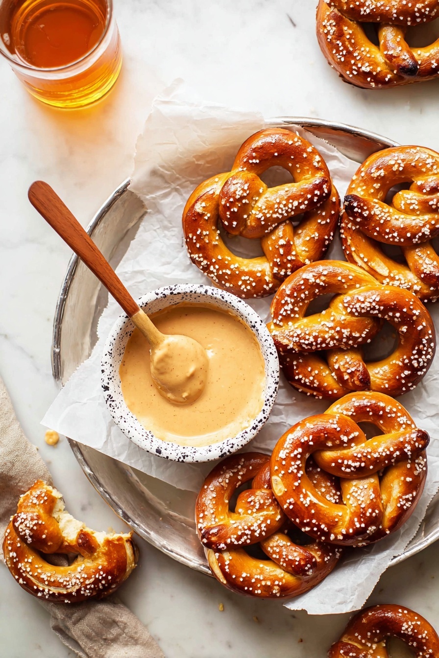 The image shows a tray of golden-brown soft pretzels sprinkled with coarse salt on a white marbled surface. There are nine pretzels arranged on a silver tray lined with white parchment paper, with one pretzel partially off the tray at the bottom. A small white bowl with black speckles holds a thick light tan dipping sauce, with a wooden spoon resting inside. To the left of the tray is a glass of amber-colored beer with a frothy top. The overall scene is bright and cozy, focused on the warm colors and textures of the pretzels and sauce, photo taken with an iphone --ar 2:3 --v 7 - Beer Cheese Dip, easy beer cheese dip, creamy cheese dip, crowd-pleasing party dip, cheesy beer appetizer