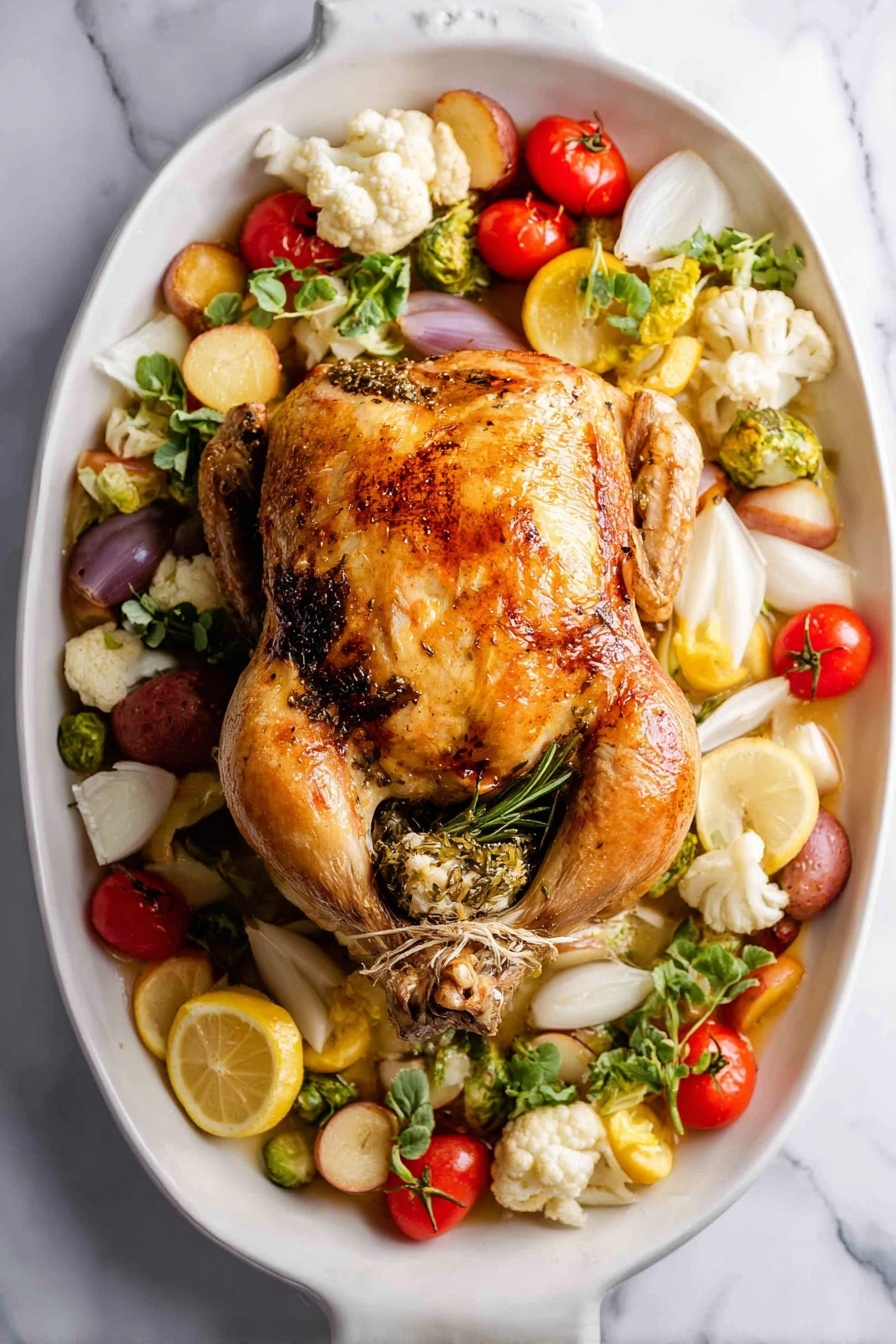 A whole roasted chicken with golden brown and crispy skin sits at the center of a large white oval plate. The chicken is stuffed with herbs and tied at the legs with string. Around the chicken, there are roasted vegetables including small red cherry tomatoes, white cauliflower florets, chopped green broccoli, sliced white onions, and halved small red and yellow potatoes. Lemon slices with bright yellow skin are placed under and beside the chicken and vegetables, adding pops of color. Some fresh green herb sprigs sit on top of the vegetables. The plate is set on a white marbled surface. Photo taken with an iphone --ar 2:3 --v 7 - Maple Butter Roast Chicken, roasted chicken with maple syrup, easy roast chicken recipe, flavorful roast chicken, comforting dinner ideas