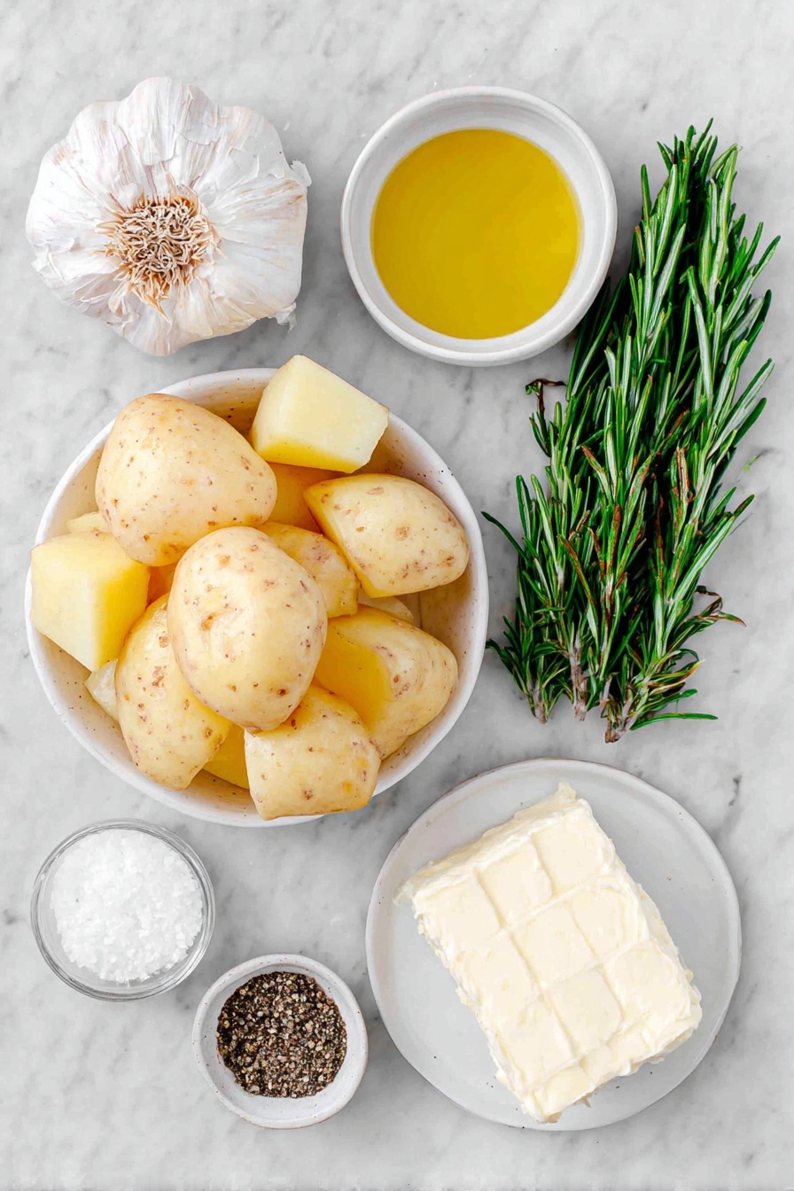 Flat lay of a whole garlic bulb with its top sliced off, a small white ceramic bowl filled with golden extra virgin olive oil, a few rustic Yukon gold potatoes with smooth yellow skin, a small white dish containing coarse sea salt crystals, a small white bowl of freshly ground black pepper, a small slab of creamy butter on a plain white ceramic plate, and a handful of fresh green chopped chives and a sprig of rosemary arranged neatly, placed on a clean white marble surface, soft natural light, photo taken with an iPhone, professional food photography style, fresh ingredients, white ceramic bowls, no bottles, no duplicates, no utensils, no packaging --ar 2:3 --v 7 --p m7354615311229779997 - Creamy Roasted Garlic Mashed Potatoes, roasted garlic mashed potatoes, garlic mashed potato recipe, gourmet mashed potatoes, easy mashed potato side dish