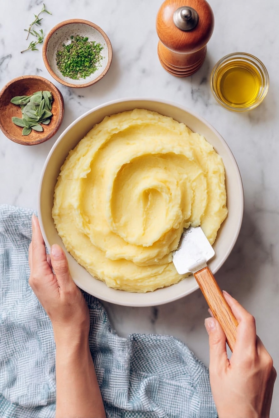 The image shows a white bowl filled with smooth, creamy mashed potatoes that have a light yellow color and soft texture. The mashed potatoes are spread evenly with gentle swirls on the surface, held by a woman's left hand from the bottom while a woman's right hand stirs with a spatula that has a wooden handle and a flat metal blade. Around the bowl, there are small bowls with green herbs and a jar of golden olive oil, along with a wooden pepper grinder and a light blue checkered cloth on a white marbled surface. photo taken with an iphone --ar 2:3 --v 7 - Creamy Roasted Garlic Mashed Potatoes, roasted garlic mashed potatoes, garlic mashed potato recipe, gourmet mashed potatoes, easy mashed potato side dish