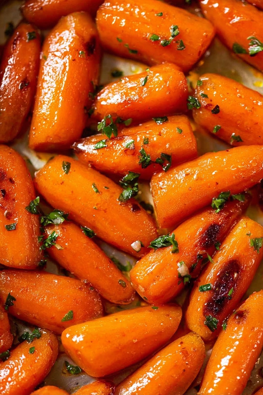 The image shows many cooked baby carrots spread out close together on a shiny light surface. Each carrot piece is bright orange with a glossy, slightly sticky texture that reflects light. Some of the carrot pieces have small bits of dark browned spots from cooking, and green chopped herbs are scattered over the carrots, adding contrast. The overall look is warm and fresh, with the carrots filling the frame fully. photo taken with an iphone --ar 2:3 --v 7 - Brown Sugar Roasted Carrots, roasted carrot side dish, caramelized carrots, easy vegetable recipes, sweet roasted carrots
