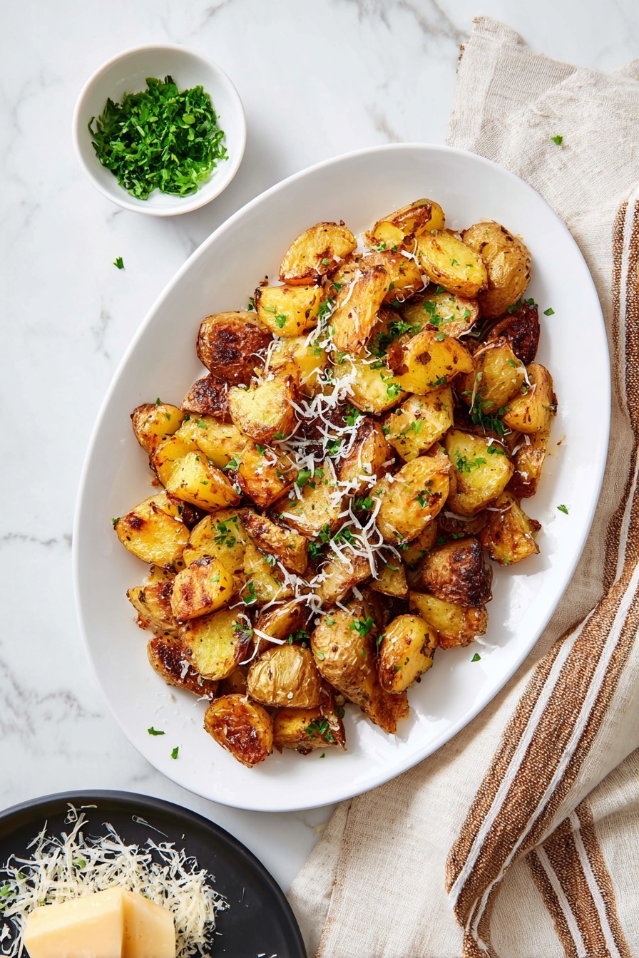 A white oval plate filled with golden roasted potato pieces that have a crispy brown outer layer and soft yellow inside, scattered green chopped herbs on top, and thin white shreds of cheese sprinkled across the potatoes. Above and beside the plate, a small white bowl holds more chopped green herbs, while a black round dish below shows a block of hard cheese with shredded pieces around it. The whole scene is set on a white marbled surface with a beige and brown striped cloth partially visible on the right. photo taken with an iphone --ar 2:3 --v 7 - Garlic Rosemary Crispy Roasted Potatoes, crispy roasted potatoes, garlic rosemary potatoes, easy roasted potato side dish, flavorful potato recipes