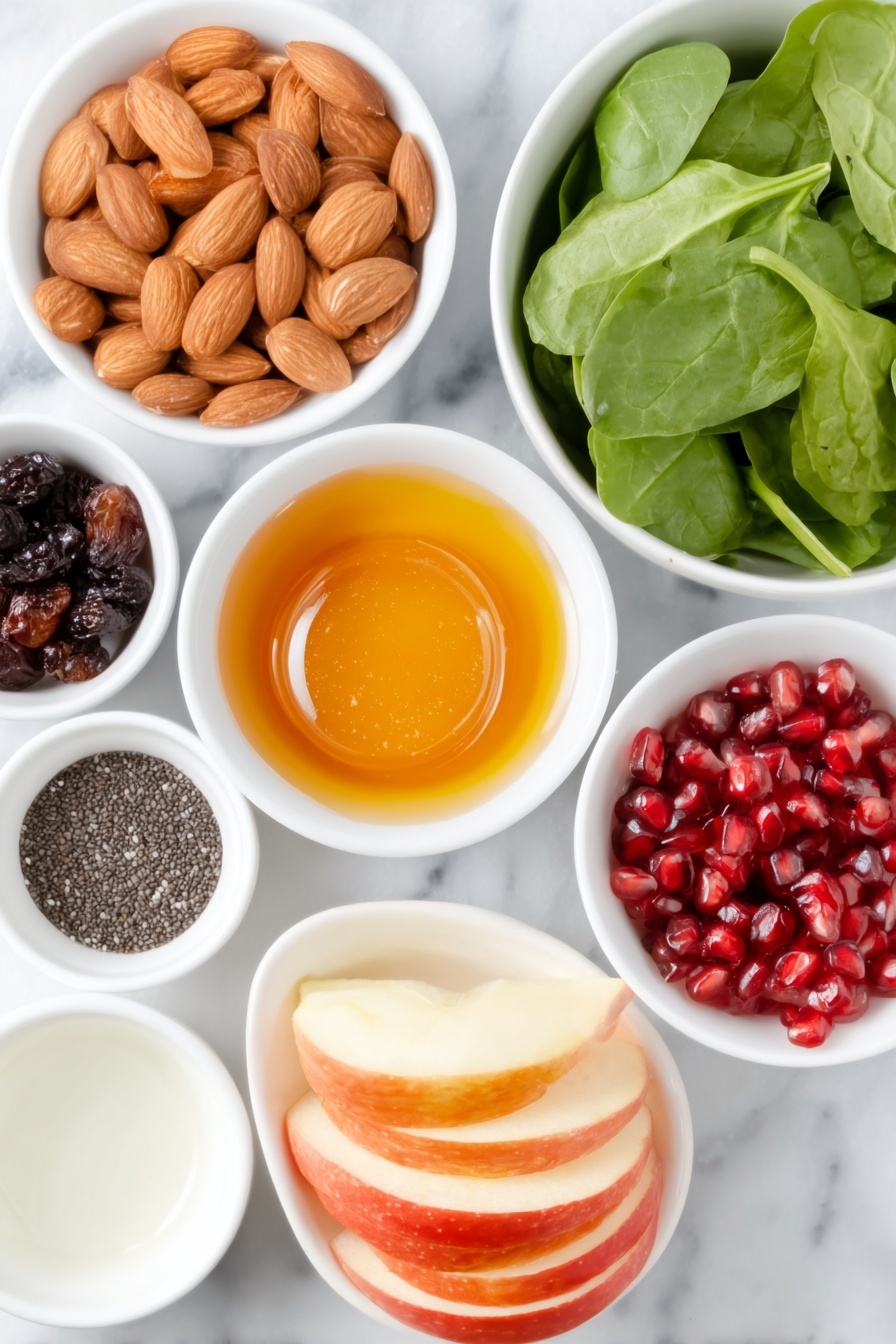 Flat lay of slivered almonds, small white bowl of extra virgin olive oil, small white bowl of honey, small white bowl of kosher salt, small white bowl of dried cranberries, small white bowl of water, small white bowl of apple cider vinegar, medium clove of garlic, small white bowl of freshly ground black pepper, small white bowl of poppy seeds, large bunch of fresh baby spinach leaves, large crisp red apple thinly sliced, small white bowl of bright red pomegranate arils, whole uncracked brown eggs absent (none in recipe) placed on a clean white marble surface, soft natural light, photo taken with an iPhone, professional food photography style, fresh ingredients, white ceramic bowls, no bottles, no duplicates, no utensils, no packaging --ar 2:3 --v 7 --p m7354615311229779997 - Apple Cranberry Spinach Salad, healthy fruit and spinach salad, easy fall salad recipe, quick festive salad, colorful nutritious salad