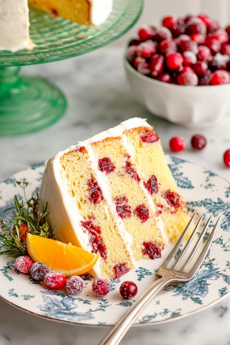 A three-layer cake slice sits on a white plate with blue floral designs, each yellow layer fluffy and studded with bright red cranberries. Between the cake layers is smooth white frosting, also covering the outside evenly. On the plate beside the slice, there are fresh cranberries, a small orange slice, and a few green herb sprigs. A silver fork rests on the plate, pointing diagonally toward the cake. In the background, there is a white bowl full of fresh cranberries and part of a cake on a green glass stand. The scene is set on a white marbled surface. Photo taken with an iphone --ar 2:3 --v 7 - Cranberry Orange Cake with Cream Cheese Frosting, festive cranberry orange cake, moist citrus cranberry cake, holiday cranberry orange dessert, fresh fruit cake with cream cheese frosting