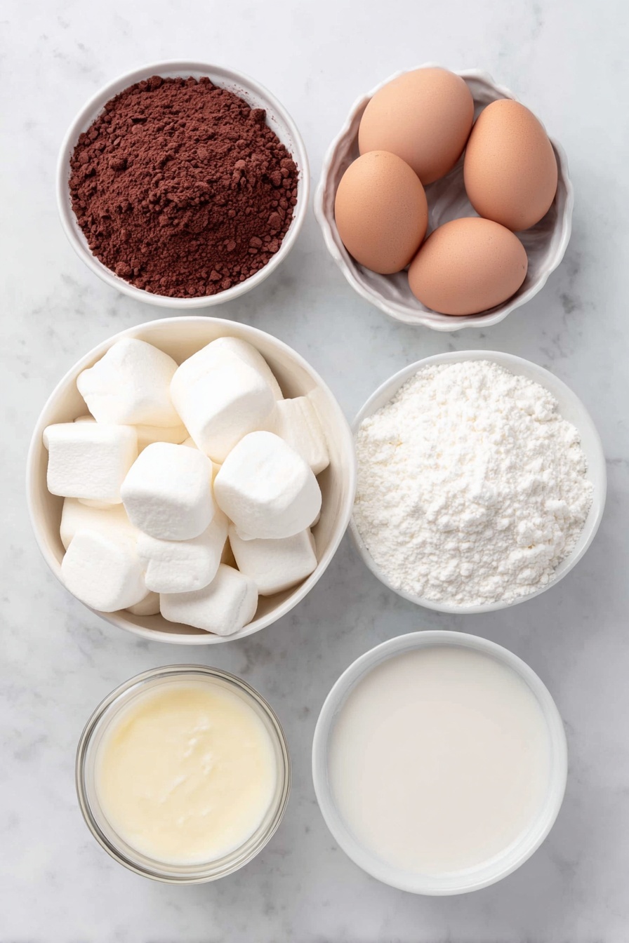 Flat lay of a small white ceramic bowl of unsweetened cocoa powder, a small white ceramic bowl of smooth sweetened condensed milk, a white ceramic bowl filled with large fluffy marshmallows, four whole uncracked brown eggs, a simple white ceramic bowl holding fresh whole milk, all arranged with perfect symmetry and balanced proportions, placed on a clean white marble surface, soft natural light, photo taken with an iPhone, professional food photography style, fresh ingredients, white ceramic bowls, no bottles, no duplicates, no utensils, no packaging --ar 2:3 --v 7 --p m7354615311229779997 - Creamy Hot Chocolate with Marshmallows, rich hot chocolate, easy hot chocolate recipe, homemade hot chocolate, comforting winter drinks