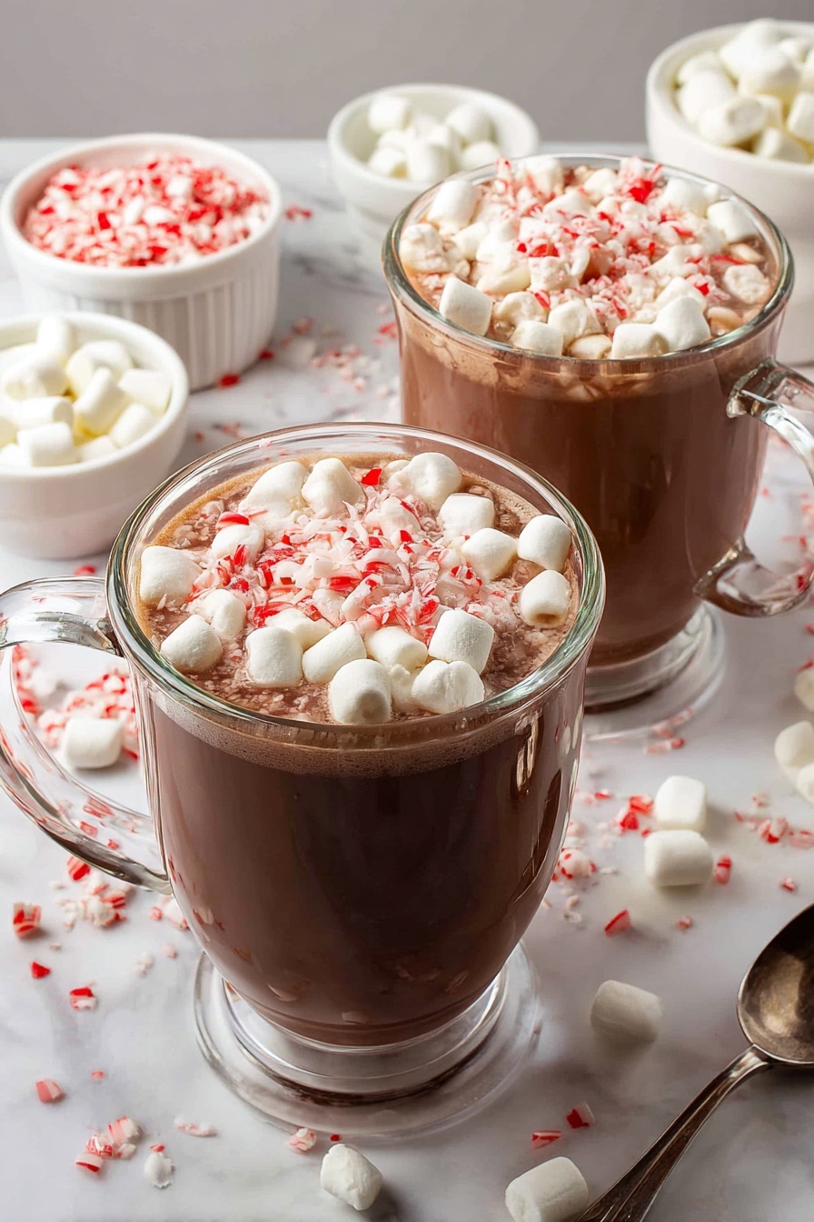 Two clear glass mugs filled with rich brown hot chocolate, each topped with a thick layer of small white marshmallows and crushed red and white peppermint pieces. The mugs have clear handles and are placed on a white marbled surface scattered with small marshmallows and crushed peppermint bits. In the background, a small white ramekin holds more peppermint pieces, and another white ramekin contains marshmallows. A silver spoon lies near the front on the right side. The overall setting is bright with soft lighting highlighting the smooth texture of the hot chocolate and the fluffy marshmallows. photo taken with an iphone --ar 2:3 --v 7 - Creamy Hot Chocolate with Marshmallows, rich hot chocolate, easy hot chocolate recipe, homemade hot chocolate, comforting winter drinks