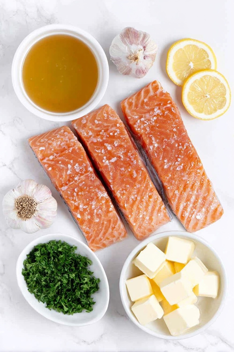 Flat lay of four fresh, pink salmon fillets, two whole brown garlic cloves, a small white bowl with golden olive oil, a small white bowl filled with clear chicken broth, a small white bowl containing bright yellow fresh lemon juice, several cubes of creamy unsalted butter arranged neatly, a small white bowl holding golden honey, a small bunch of vibrant green minced fresh parsley, and a few thin, fresh lemon slices all placed on a clean white marble surface, soft natural light, photo taken with an iPhone, professional food photography style, fresh ingredients, white ceramic bowls, no bottles, no duplicates, no utensils, no packaging --ar 2:3 --v 7 --p m7354615311229779997 - Garlic Lemon Butter Salmon, Easy Salmon Recipes, Healthy Fish Dinner, Lemon Butter Salmon, Quick Seafood Meal