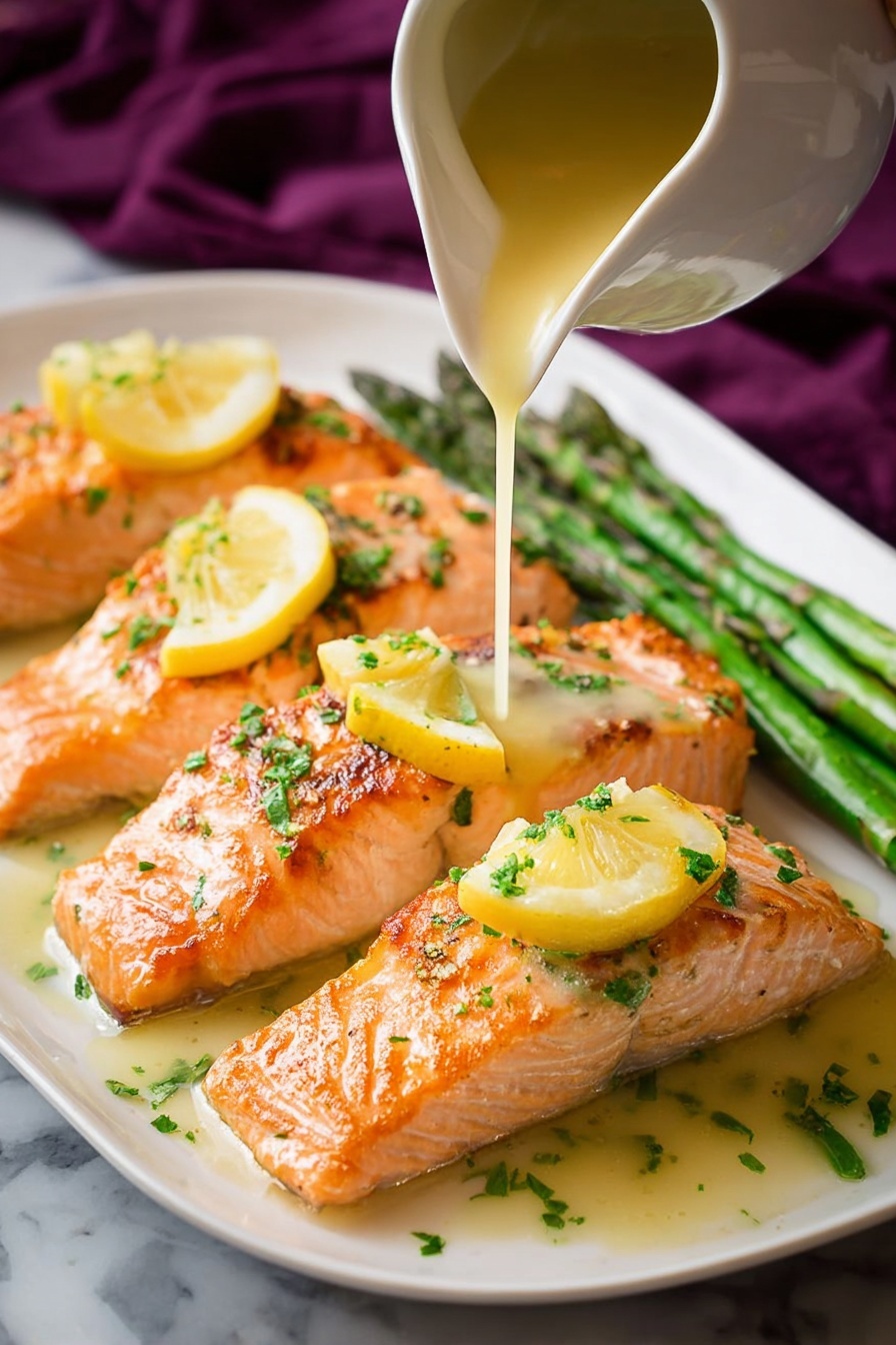 The image shows four pieces of cooked salmon with a golden-orange color and a slightly crispy texture on the top, arranged on a white plate. Each salmon piece is topped with small yellow lemon wedges and sprinkled with finely chopped green herbs. Light yellow sauce is being poured gently from a white jug over the salmon, adding a glossy shine. On the right side of the plate, a few green asparagus stalks are placed neatly. The plate sits on a white marbled surface with a blurry deep purple cloth in the background. photo taken with an iphone --ar 2:3 --v 7 - Garlic Lemon Butter Salmon, Easy Salmon Recipes, Healthy Fish Dinner, Lemon Butter Salmon, Quick Seafood Meal