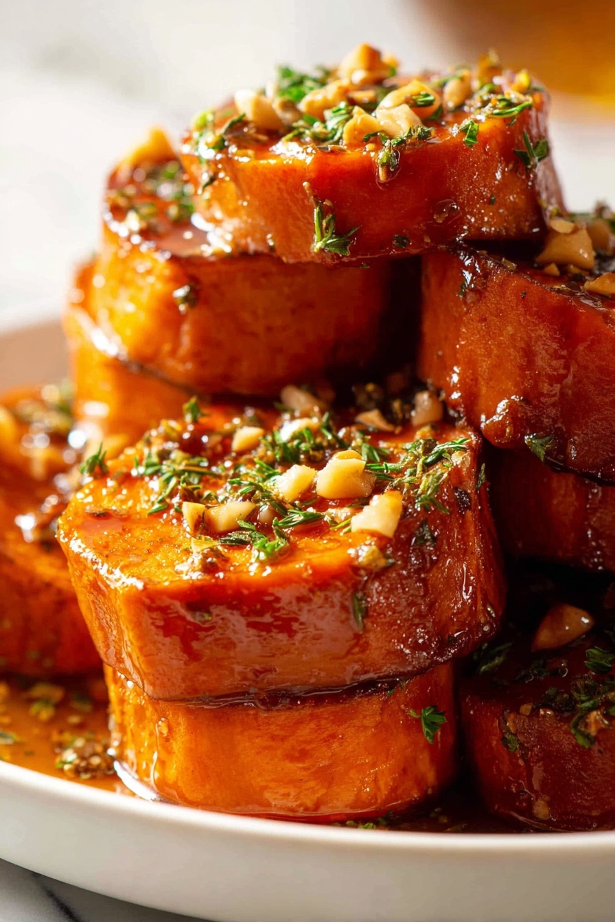 The image shows several thick, round slices of cooked sweet potato stacked on top of each other on a white plate. Each slice has a bright orange interior with a soft texture and slight caramelized edges in a deeper brown tone. The top of the stack is covered with a glossy sauce that shines in the light, and small pieces of chopped nuts and herbs are sprinkled generously over the sweet potatoes, adding a crunchy texture and green touches. The background is blurred with warm light, and the surface where the plate sits is a white marbled texture. photo taken with an iphone --ar 2:3 --v 7 - Slow-Roasted Sweet Potatoes with Maple Pecan Sauce, sweet potato side dish, fall comfort food, caramelized sweet potatoes, maple pecan dessert topping
