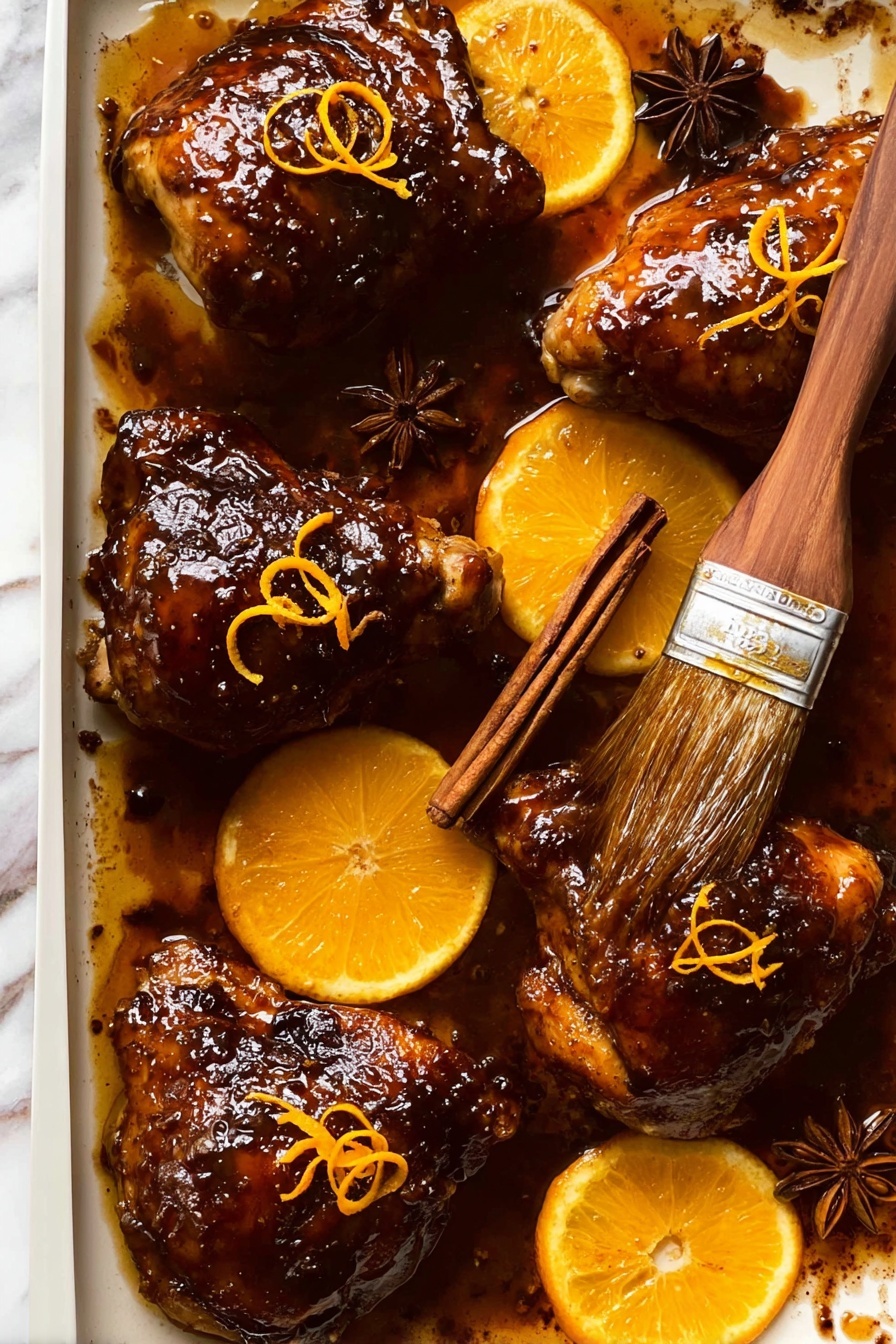 The image shows a close-up of shiny, dark brown glazed chicken thighs arranged closely together on a white marbled surface. Each piece of chicken has a glossy, sticky texture with caramelized edges. Orange slices and thin strips of orange zest are placed around and on top of the chicken pieces, adding bright pops of orange color that contrast with the deep reddish-brown of the meat. The overall look is rich and appetizing, showing a balance of smooth, sticky glaze and fresh citrus elements. photo taken with an iphone --ar 2:3 --v 7 - Sticky Orange Glazed Christmas Chicken, Christmas Chicken Recipes, Holiday Chicken Dishes, Orange Glazed Chicken, Festive Chicken Recipes