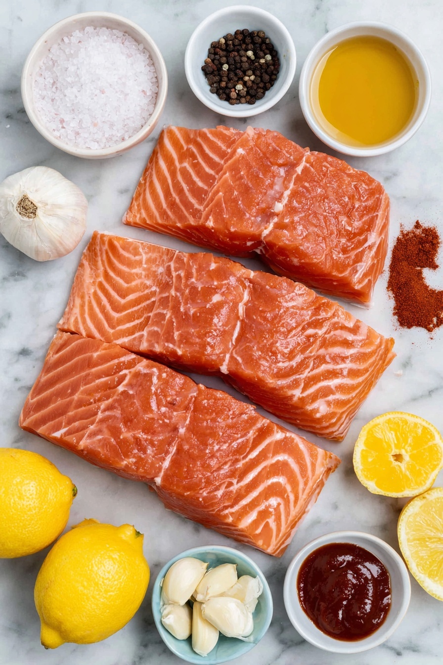 Flat lay of fresh salmon filets with vibrant pink-orange flesh, a small mound of coarse kosher salt crystals, a scattering of whole black peppercorns, a small heap of bright red smoked paprika powder, a plump knob of creamy butter, a few whole garlic cloves with papery skins removed, a small white ceramic bowl filled with golden honey, another small white bowl holding clear water, a small white bowl of dark soy sauce, a small white bowl of bright red sriracha sauce, fresh lemons halved with juicy vibrant yellow flesh and a small white bowl containing freshly squeezed lemon juice, all arranged in perfect symmetry on a clean white marble surface, soft natural light, photo taken with an iPhone, professional food photography style, fresh ingredients, white ceramic bowls, no bottles, no duplicates, no utensils, no packaging --ar 2:3 --v 7 --p m7354615311229779997 - Honey Garlic Glazed Salmon, Honey Garlic Salmon, Easy Salmon Recipes, Healthy Salmon Dinner, Quick Seafood Recipes