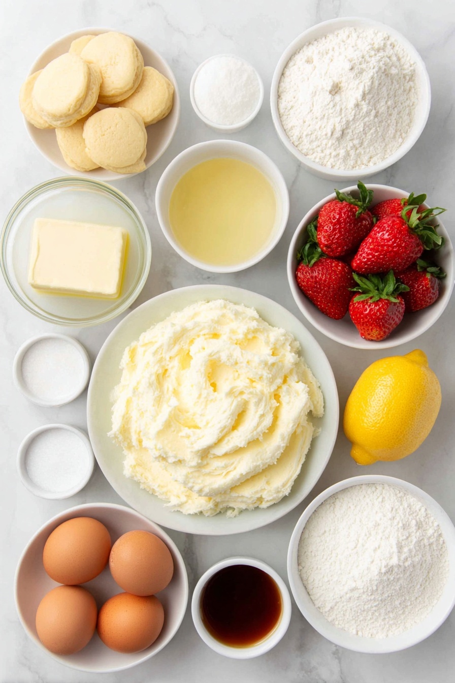 Flat lay of a small pile of plain Marie biscuits, a small white ceramic bowl with melted unsalted butter, a rounded scoop of softened cream cheese on a white ceramic plate, a small white bowl of plain flour, a few drops of vanilla extract in a white ceramic bowl, a small white bowl of full-fat sour cream, a small white bowl filled with caster sugar, a whole fresh lemon with zest grated beside it, three whole uncracked brown eggs, a cluster of fresh strawberries some halved and some diced, a small white bowl with clear lemon juice, a small white bowl of white granulated sugar, a small white bowl containing a little cornstarch, and a small white bowl with water, all arranged in perfect symmetry and balanced proportions on a clean white marble surface, soft natural light, photo taken with an iPhone, professional food photography style, fresh ingredients, white ceramic bowls, no bottles, no duplicates, no utensils, no packaging --ar 2:3 --v 7 --p m7354615311229779997 - Strawberry Cheesecake, easy strawberry cheesecake, homemade strawberry cheesecake, creamy strawberry cheesecake, best strawberry cheesecake