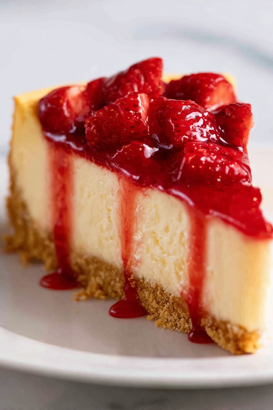 A close-up view of a slice of cheesecake with three visible layers: a crumbly light brown crust at the bottom, a thick creamy pale yellow middle layer of cheesecake, and a shiny red strawberry topping with whole strawberries and syrup dripping slightly down the sides. The cheesecake is on a white plate against a white marbled surface. Photo taken with an iphone --ar 2:3 --v 7 - Strawberry Cheesecake, easy strawberry cheesecake, homemade strawberry cheesecake, creamy strawberry cheesecake, best strawberry cheesecake
