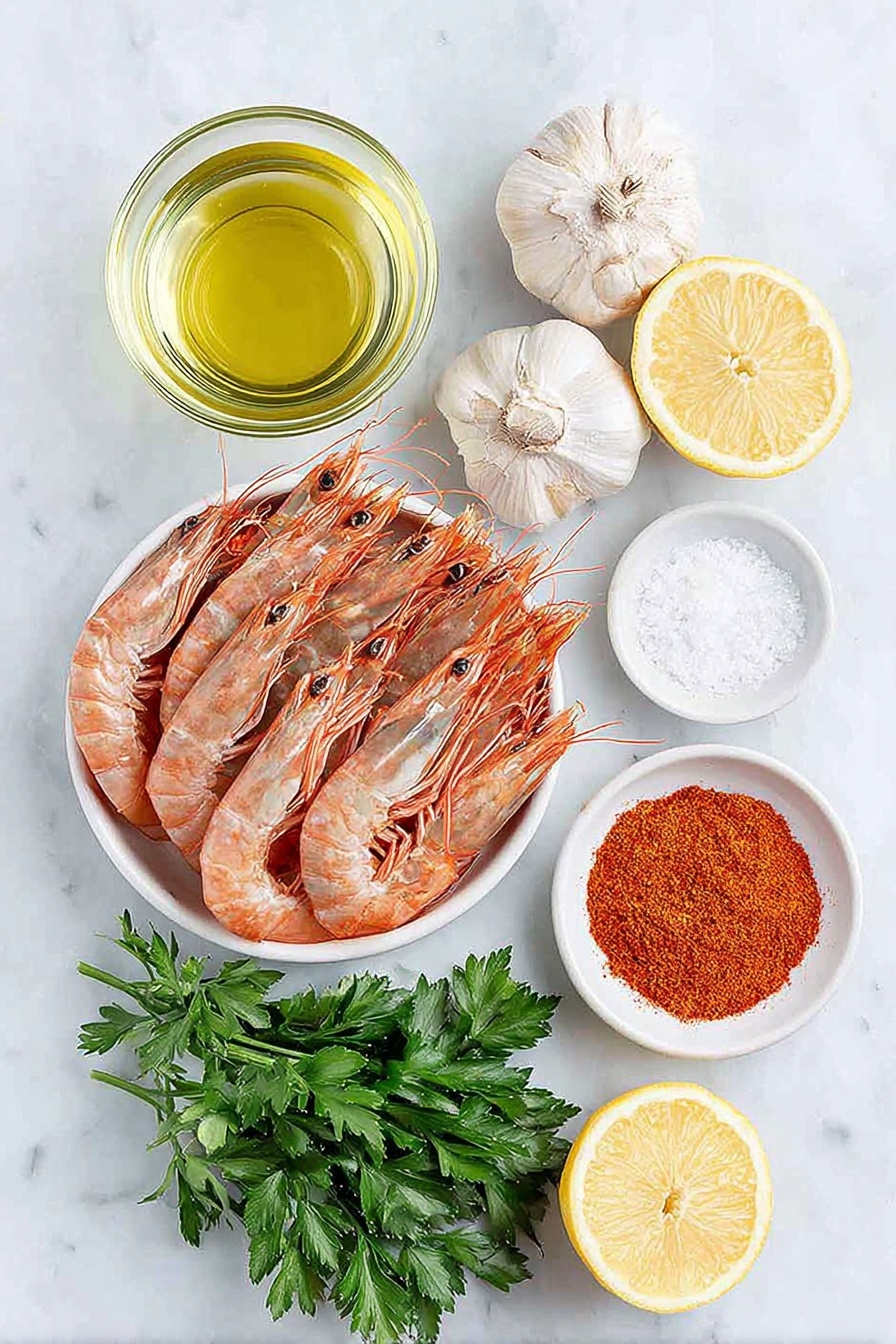 Flat lay of a small white ceramic bowl filled with golden olive oil, a cluster of fresh whole garlic cloves with papery skins intact, two dried red cayenne chillies, a pile of raw spot prawns with heads and shells on arranged neatly, a small white ceramic bowl containing bright red smoked paprika powder, a tiny pinch of coarse sea salt scattered delicately, a small white ceramic bowl holding pale golden white wine, a small bunch of fresh vibrant green parsley sprigs, and a few bright yellow lemon wedges arranged symmetrically, all placed on a clean white marble surface, soft natural light, photo taken with an iPhone, professional food photography style, fresh ingredients, white ceramic bowls, no bottles, no duplicates, no utensils, no packaging --ar 2:3 --v 7 --p m7354615311229779997 - Garlic Sautéed Shrimp, Shrimp sautéed with garlic, Easy shrimp recipes, Quick seafood dishes, Spanish-inspired shrimp