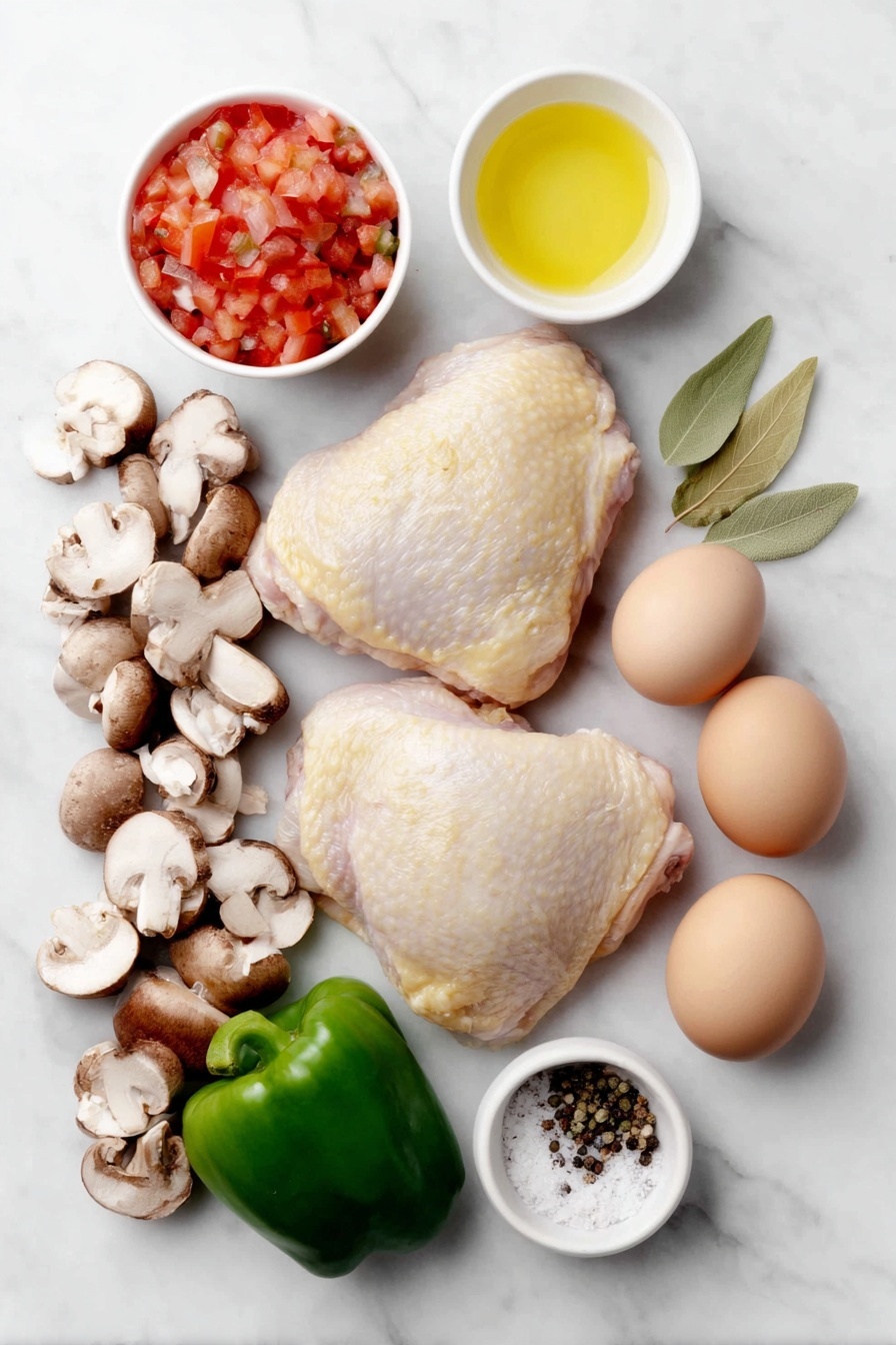 Flat lay of two whole uncracked brown chicken thighs with skin and bone, a medium yellow onion cut into large chunks, a medium red bell pepper cut into chunks, a medium green bell pepper cut into chunks, a small white ceramic bowl filled with sliced fresh brown mushrooms, a small white ceramic bowl overflowing with crushed ripe red tomatoes, a small white ceramic bowl of golden olive oil, a small white ceramic bowl with clear chicken broth, a few dried oregano leaves scattered neatly, a few dried basil leaves arranged carefully, one whole fresh bay leaf, a small white ceramic bowl with coarse sea salt, a small white ceramic bowl with cracked black pepper, and three whole uncracked brown eggs placed symmetrically, all arranged with perfect symmetry on a clean white marble surface, soft natural light, photo taken with an iPhone, professional food photography style, fresh ingredients, white ceramic bowls, no bottles, no duplicates, no utensils, no packaging --ar 2:3 --v 7 --p m7354615311229779997 - Instant Pot Chicken Cacciatore, easy chicken cacciatore recipe, Italian chicken stovetop dish, quick chicken dinner, hearty chicken cacciatore