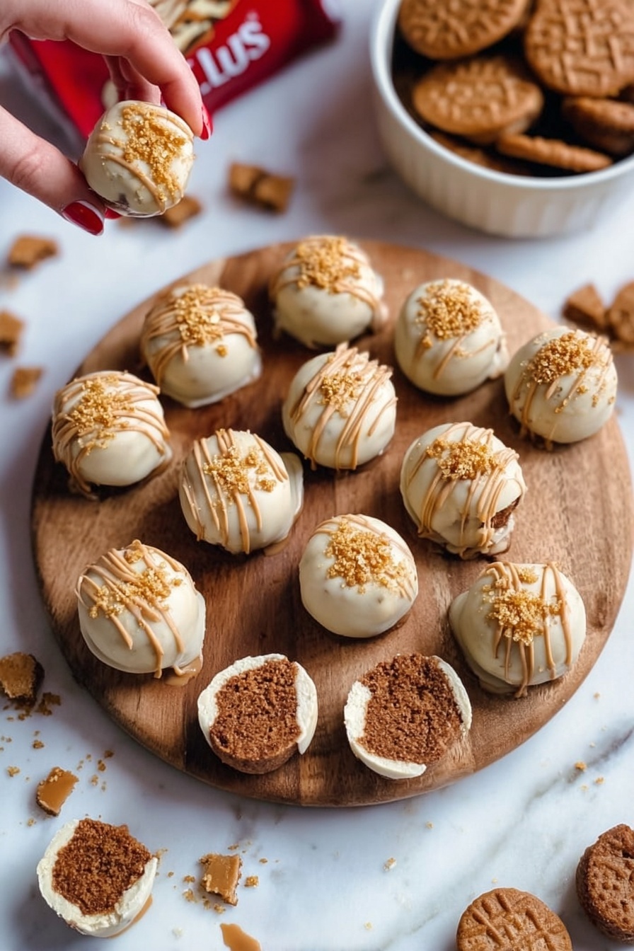 The image shows many round dessert balls on a wooden board, covered with a light cream-colored outer layer and drizzled with a brown sauce on top. Each ball has a crunchy crumb sprinkle over the drizzle. Inside, the balls have a soft, light brown center that looks smooth and dense. Two of the balls are cut in half, showing the inner soft layer. One ball in the front has a bite taken out, revealing the layers clearly with crumbs around it. The background is a white marbled surface with some crumbs scattered around. In the background, there is a white bowl with two brown cookies inside and a blurred red package. Photo taken with an iphone --ar 2:3 --v 7 - Biscoff Truffles with White Chocolate Coating, Biscoff Truffles, Biscoff White Chocolate Truffles, No-Bake Biscoff Treats, Easy Biscoff Dessert