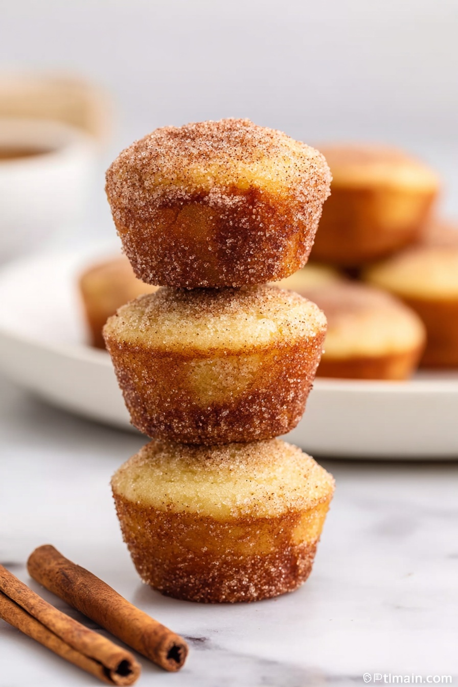 The image shows a stack of three small muffins coated with cinnamon sugar. Each muffin has a golden brown bottom layer with a slightly rough texture and a lighter golden top layer with a smoother texture. The muffins are placed vertically on a white marbled surface. To the left of the stack, there are three cinnamon sticks lying flat. In the background, a white plate holds more muffins that are out of focus. The setting is bright with soft natural light. Photo taken with an iphone --ar 2:3 --v 7 - Cinnamon Sugar Mini Donut Muffins, mini donut muffins, cinnamon sugar muffins, no-fry donut treats, quick breakfast snacks