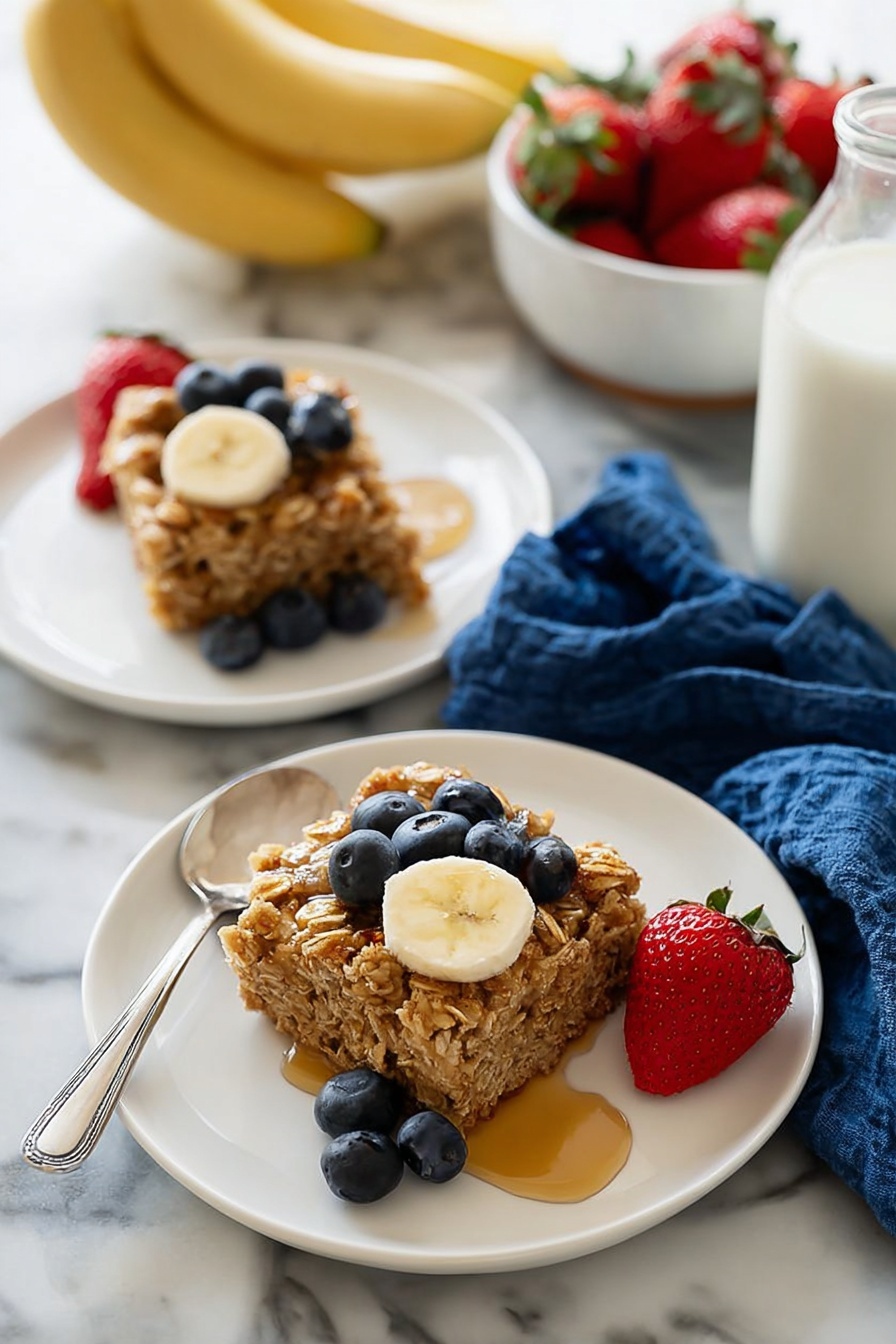 The image shows two white plates each with a square piece of oatmeal bake topped with three banana slices and three blueberries. There is a whole red strawberry placed on each plate near the oatmeal bake, and syrup is drizzled over and around the oatmeal. A silver spoon rests on the edge of the front plate. In the background, a bunch of bananas and a shallow white bowl filled with strawberries sit on a white marbled surface with a blue cloth nearby. A glass bottle filled with milk is also visible. The lighting is natural and bright, creating a fresh and inviting look. photo taken with an iphone --ar 2:3 --v 7 - Amish Baked Oatmeal, wholesome baked oatmeal, easy breakfast recipes, hearty morning meal, comfort food breakfast