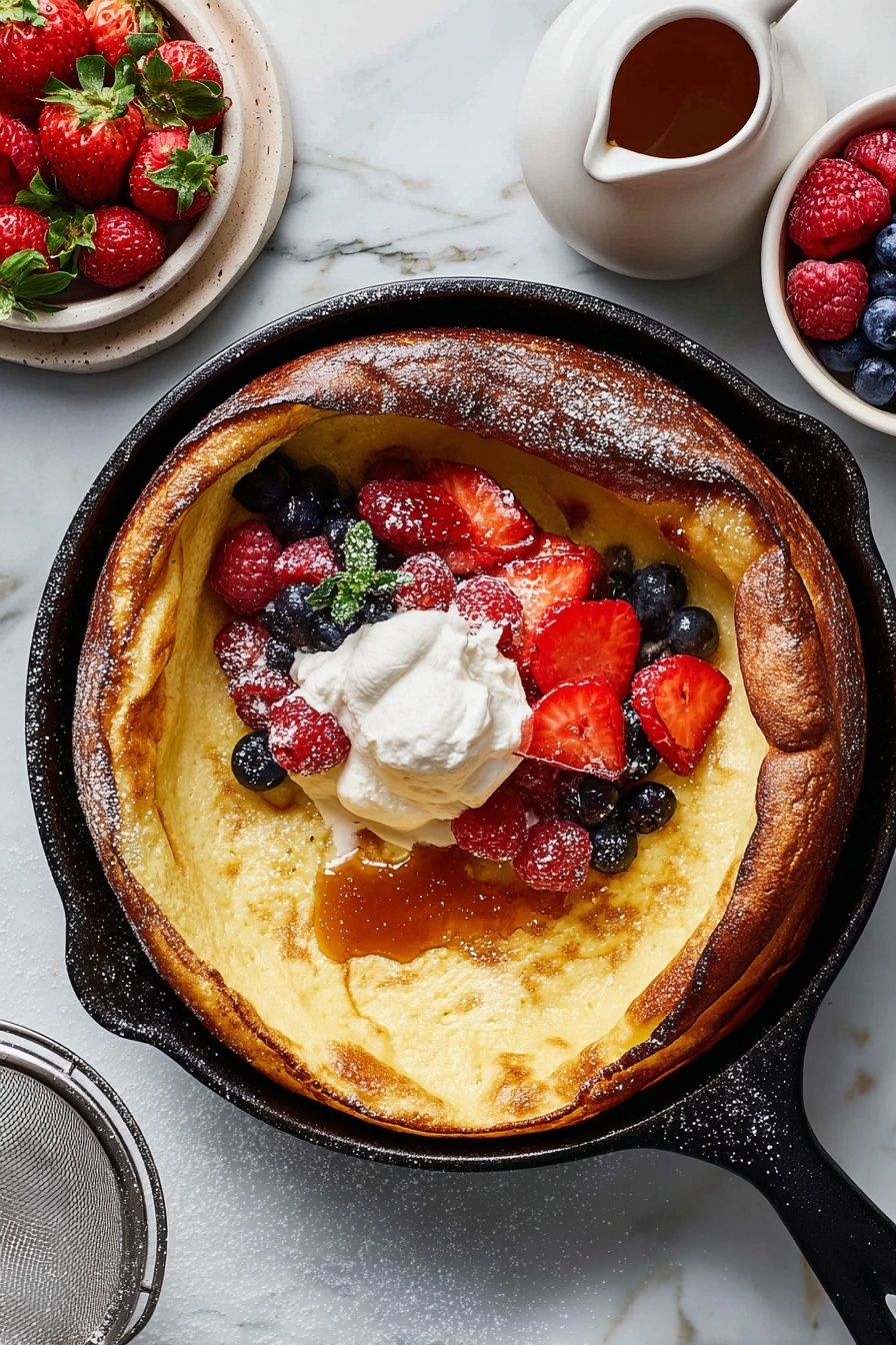 A golden-brown pancake with a puffed, slightly crispy edge sits inside a black cast iron skillet placed on a white marbled surface. The pancake has a smooth, glossy center topped with a dollop of white whipped cream, fresh red strawberries, bright red raspberries, and small clusters of blueberries, with some syrup drizzled around. A white small pitcher filled with syrup stands to the top right, along with two white bowls, one filled with strawberries and raspberries and the other with blueberries. A fine mesh sieve dusted with powdered sugar is placed to the left side of the skillet. photo taken with an iphone --ar 2:3 --v 7 - Fluffy Dutch Baby Pancake with Lemon Zest, Dutch Baby Pancake, Lemon Zest Pancake, Brunch Pancake Recipes, Easy Dutch Baby